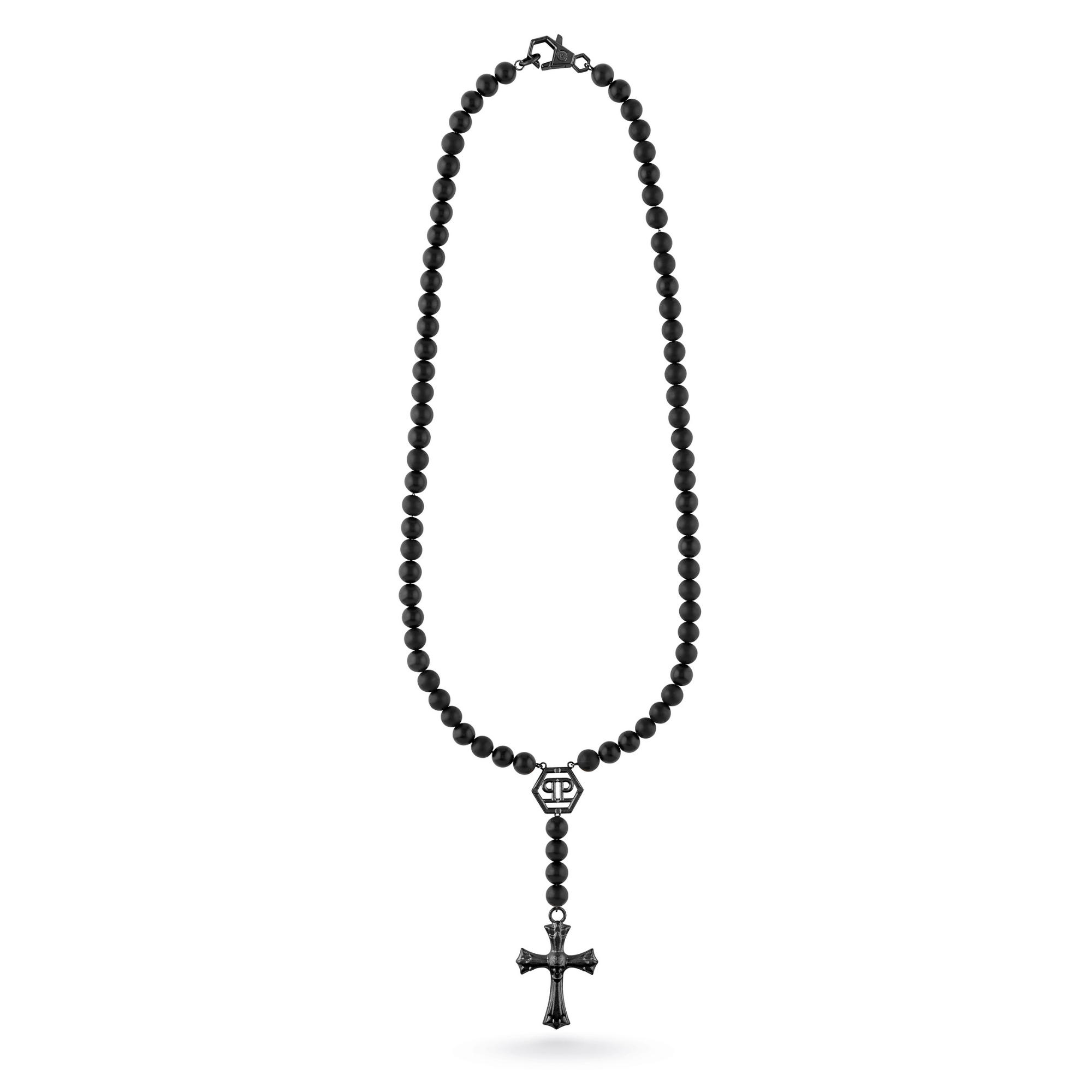 Die Philipp Plein Halskette - PP WHISPER besticht durch schwarze Perlen, einen Kreuzanhänger und einen kleinen rechteckigen Anhänger über dem Kreuz für einen markanten, maskulinen Look.