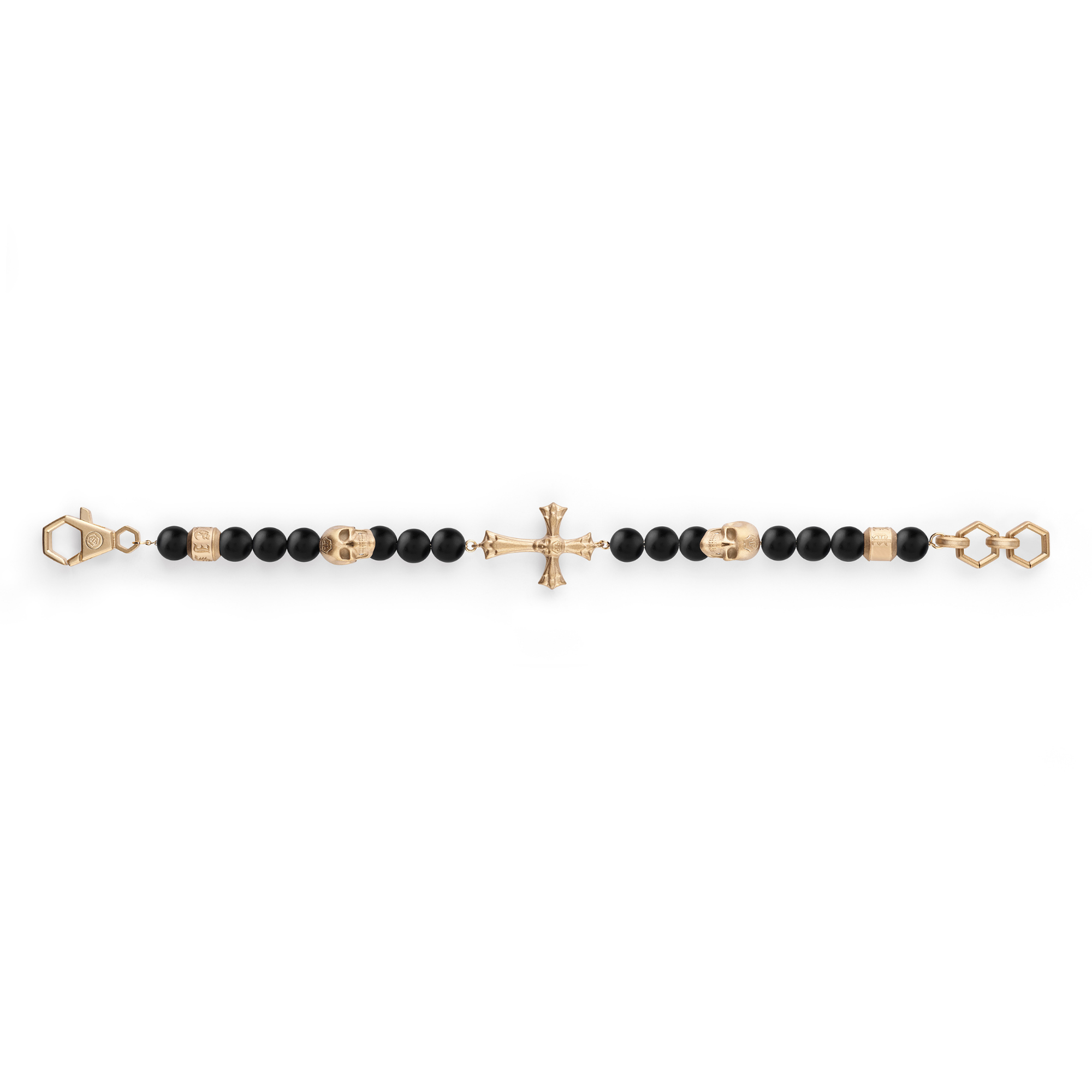 Das Philipp Plein Armband - PP WHISPER, ein schwarz-goldenes Perlenarmband mit Kreuz und Totenkopf-Akzenten aus der Whisper-Kollektion, präsentiert sich auf weißem Hintergrund.