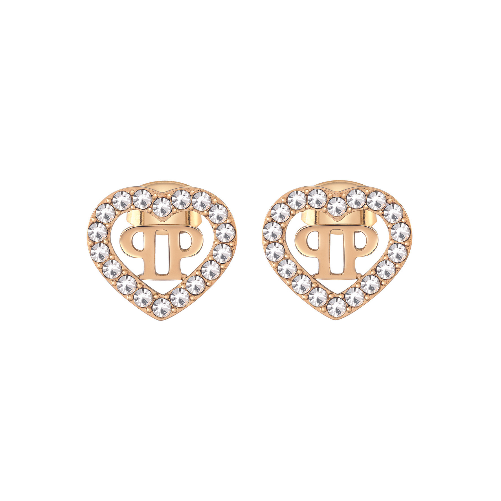 Die Philipp Plein Ohrringe - ROCKED HEARTS sind goldene, herzförmige Ohrringe mit klaren Kristallen und einem doppelten P in der Mitte, inspiriert von der kultigen Philipp Plein Kollektion.