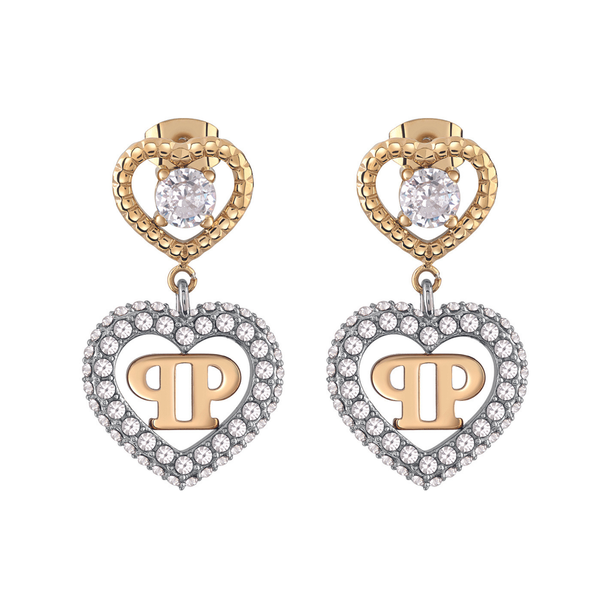 Philipp Plein Ohrringe - ROCKED HEARTS: Herzförmige Ohrringe aus Gold und Silber mit Kristallakzenten und einem Doppel-P-Monogramm in der Mitte von Philipp Plein.