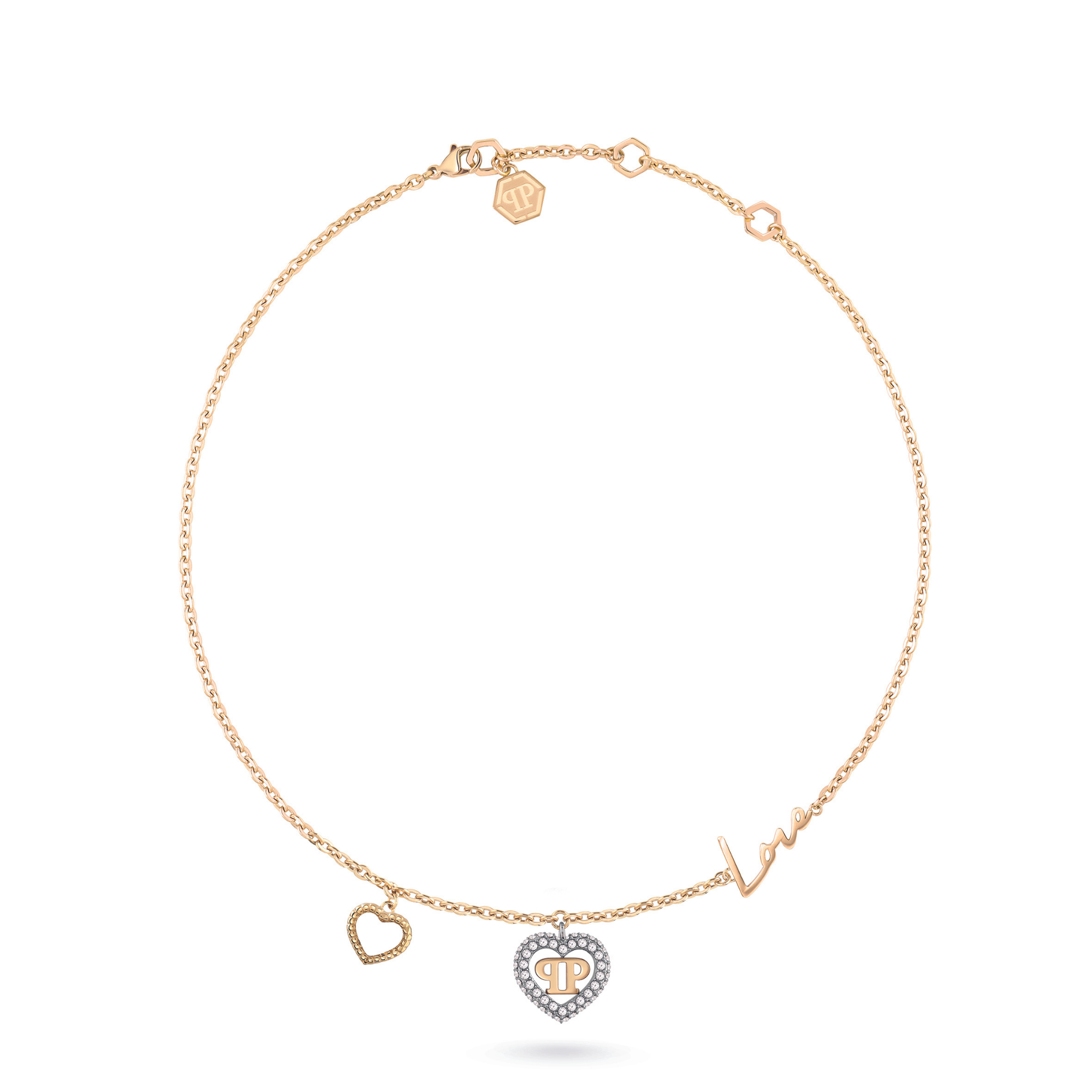 Die Philipp Plein Halskette - ROCKED HEARTS ist eine goldene Kette mit herzförmigen und "Love"-Anhängern sowie einem zentralen, mit Diamanten besetzten Rocked Heart-Anhänger - ein typisches Accessoire von Philipp Plein.
