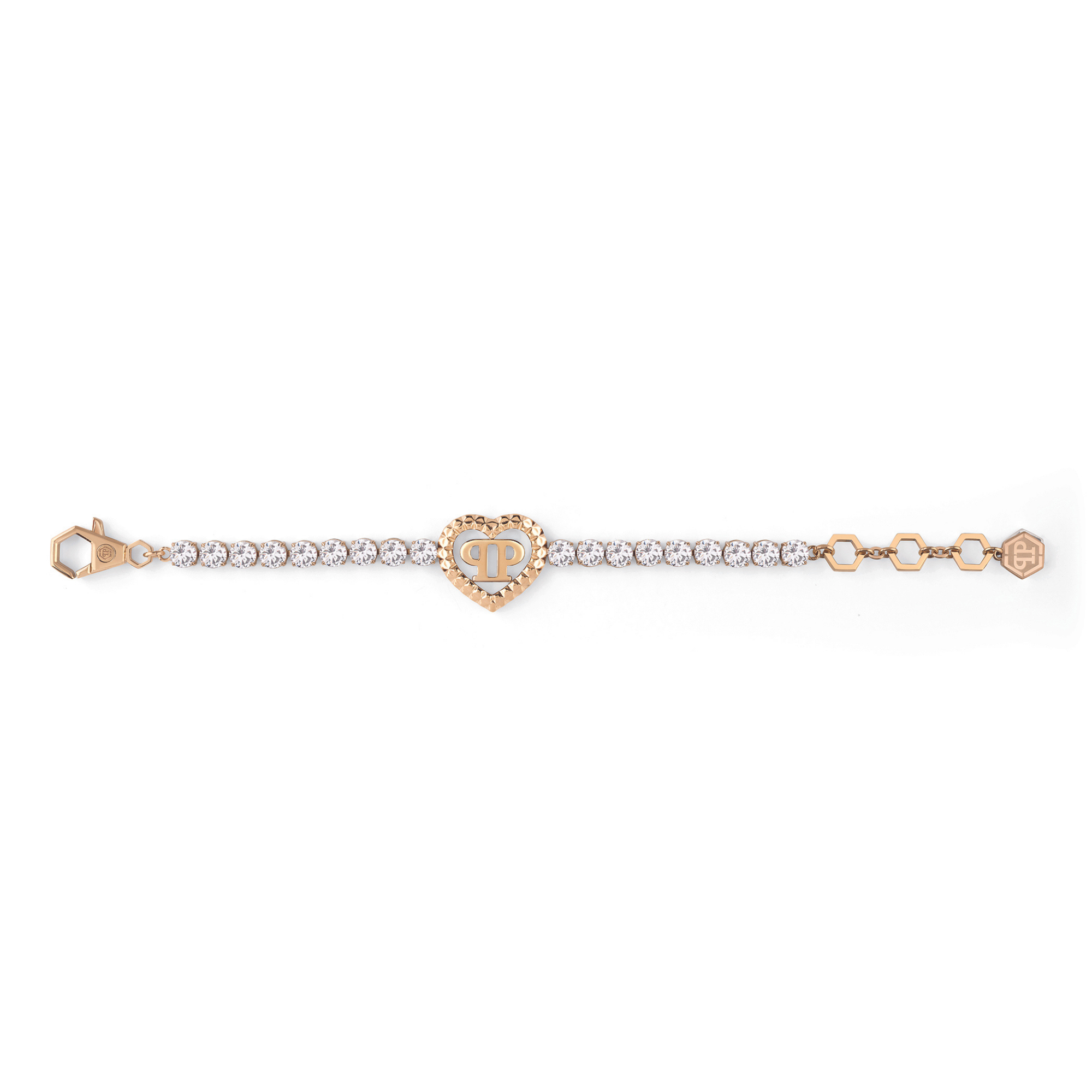Das Philipp Plein Armband - ROCKED HEARTS ist ein luxuriöses Gold- und Diamantarmband mit herzförmigem Mittelpunkt und dekorativer Schließe, präsentiert auf weißem Hintergrund.