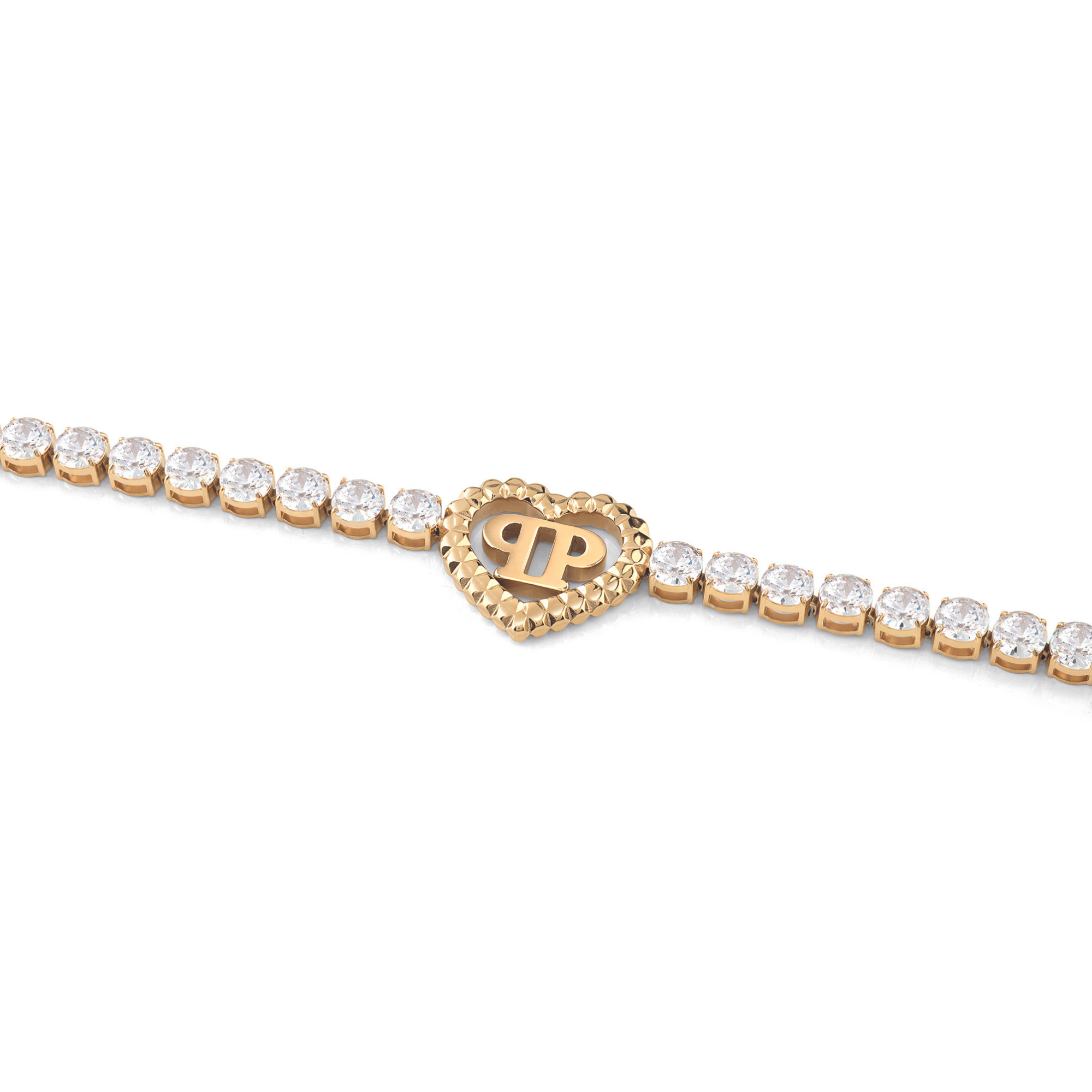 Das Philipp Plein Armband - ROCKED HEARTS besticht durch herzförmige Anhänger, PP-Initialen und funkelnde Runddiamanten - ein exklusives Schmuckstück von Philipp Plein.