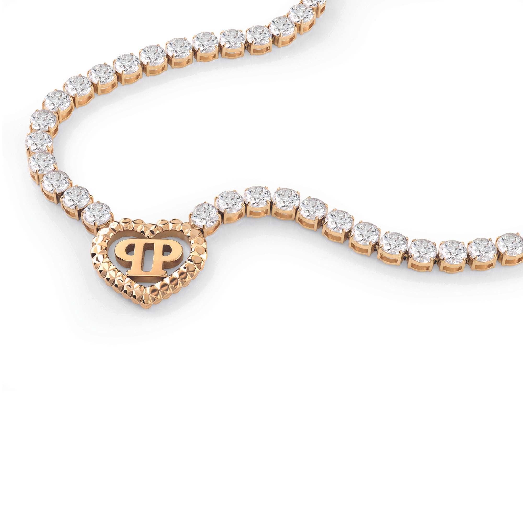 Die Philipp Plein Halskette - ROCKED HEARTS ist eine Gold- und Diamantkette mit einem herzförmigen Anhänger mit überlappenden PP-Initialen von Philipp Plein.
