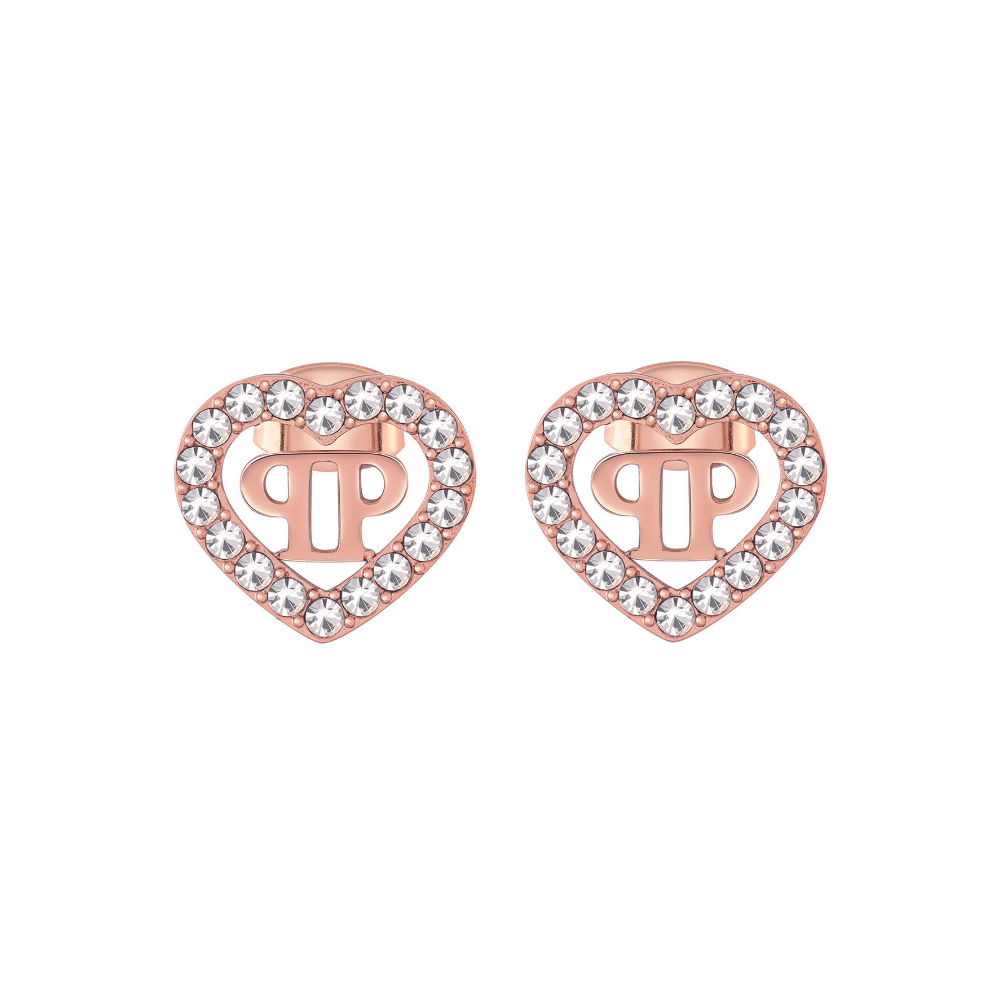 Die Ohrringe Philipp Plein Ohrringe - ROCKED HEARTS mit klaren Kristallen und einem ausgeschnittenen PP-Monogramm verleihen jedem Tennis-Set einen eleganten Charme.