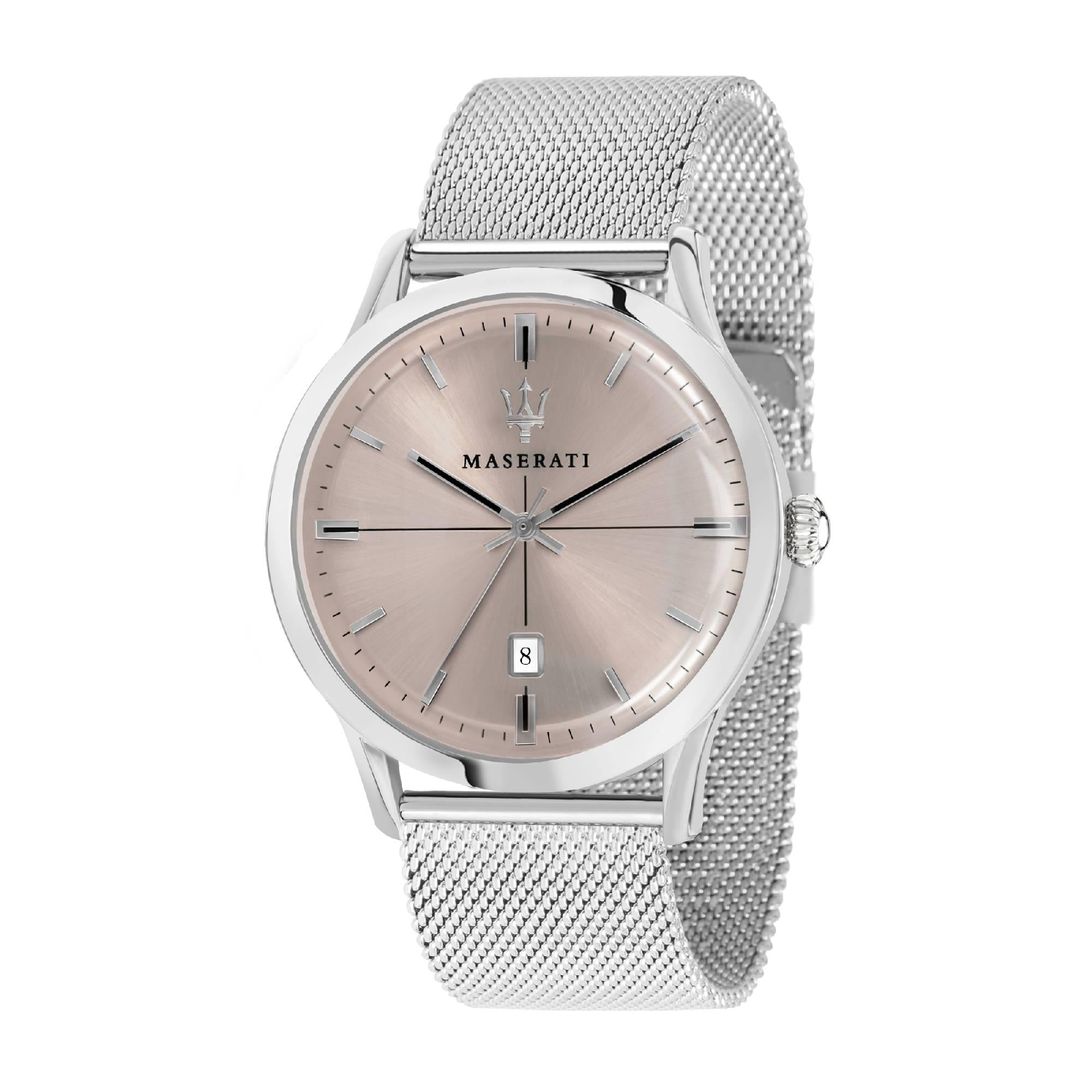 Maserati Armbanduhr mit silbernem Zifferblatt mit Guilloche-Verziehrung, silbernem Gehäuse und silbernem Meshband Produktbild