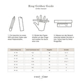 Ringgrößen-Guide von cool time mit Anleitung zur Messung per Papierstreifen und Größentabelle in mm, EU- und US-Größen.