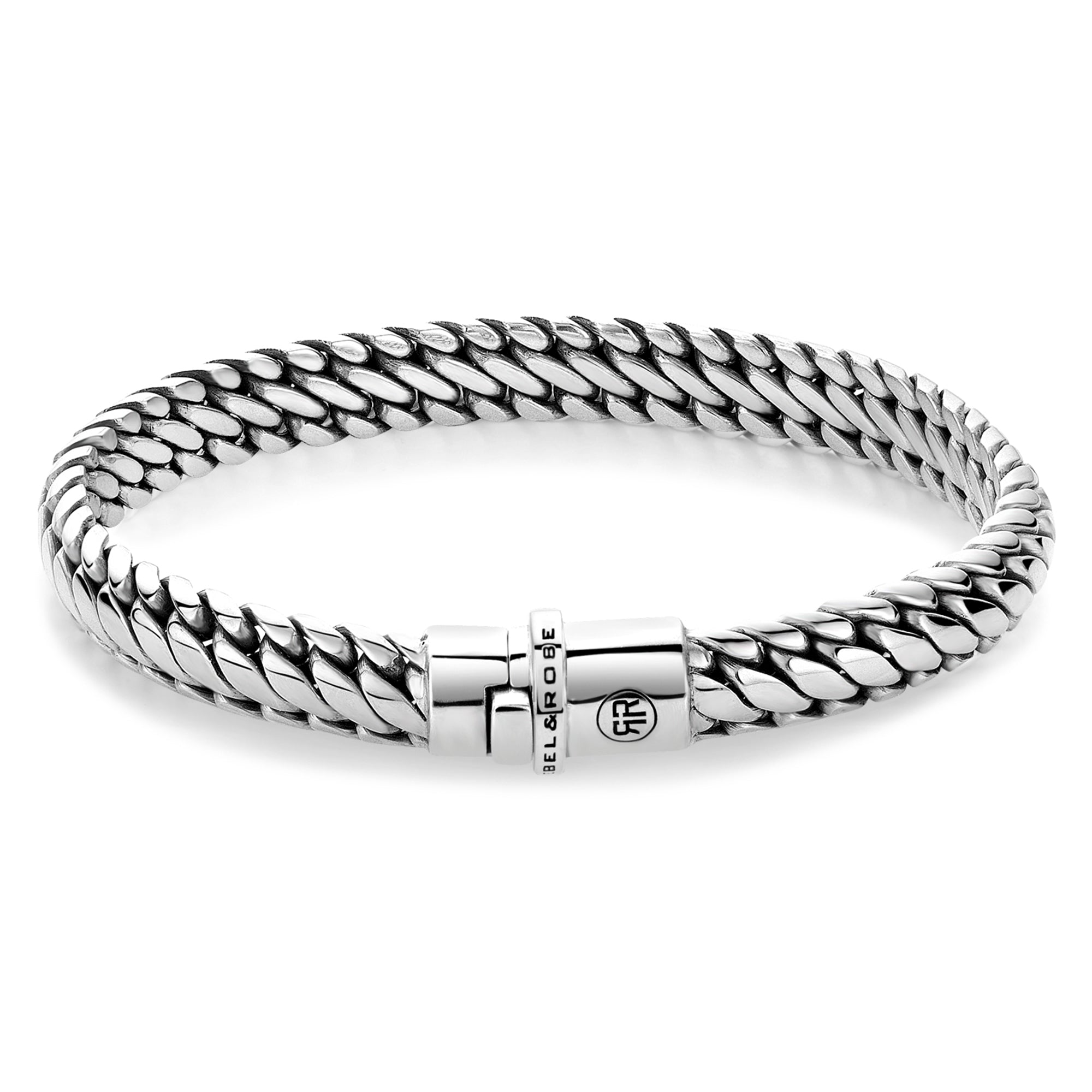 Das Rebel & Rose Armband Apollo aus 925er Sterlingsilber besticht mit Kettengliedern, zylindrischem Verschluss graviert mit Rebel & Rose und rundem Logo.