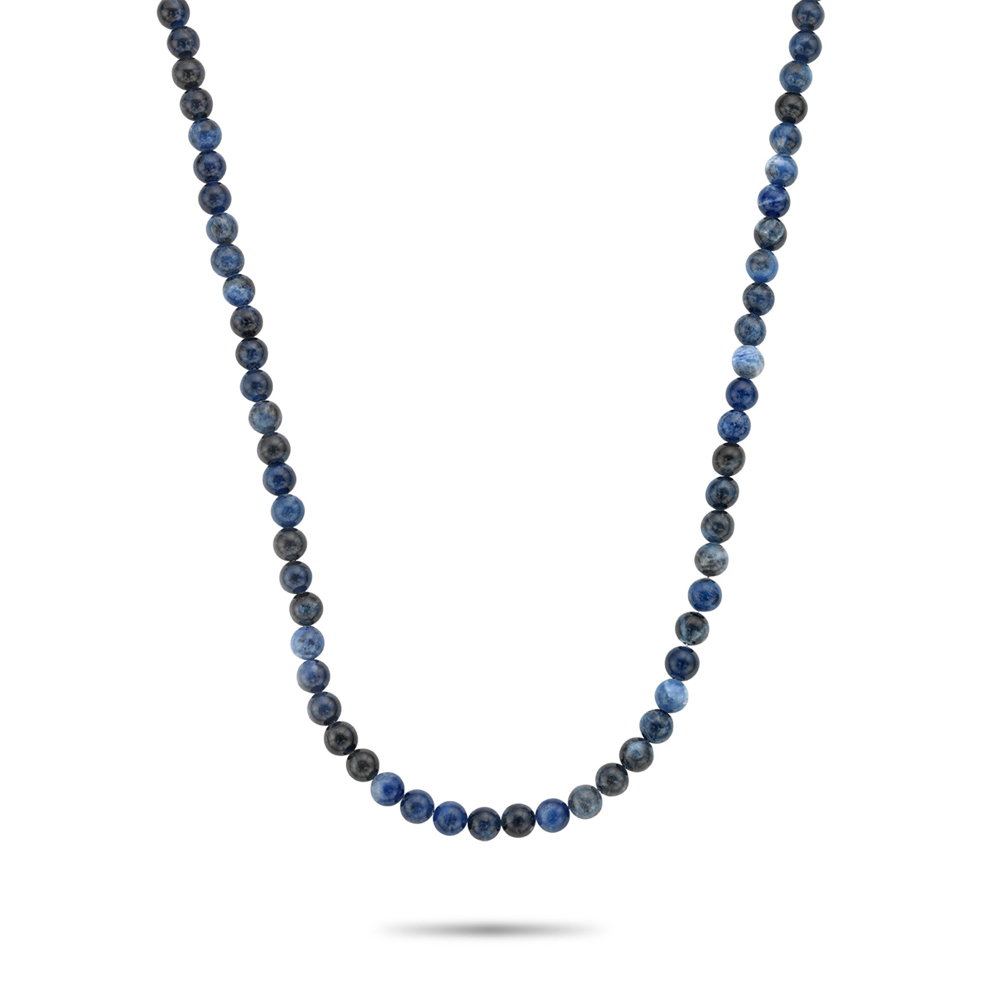 Die Rebel & Rose Necklace - Midnight Blue - 6mm präsentiert sich mit runden Sodalith-Steinen in einer eleganten Einzelreihe auf weißem Hintergrund.