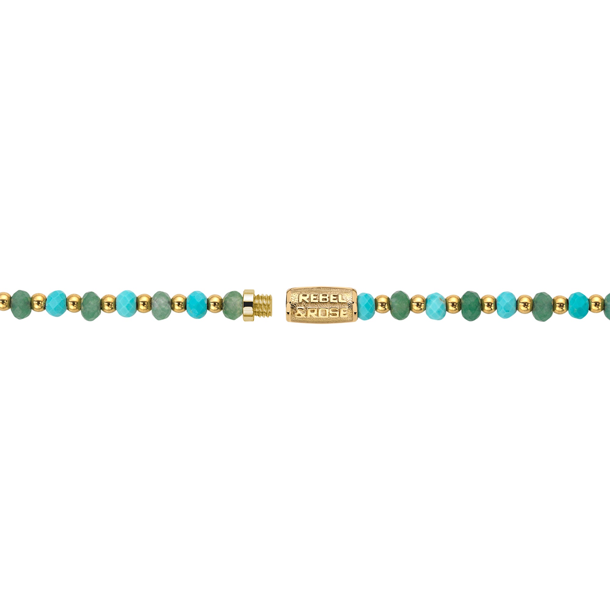 Rebel & Rose Halskette - Blue Green Adventure - 4mm: Mit goldenen, türkisfarbenen und olivgrünen Perlen mit einem goldenen Rebel & Rose-Verschluss und zarten Türkissteinen als Akzente.