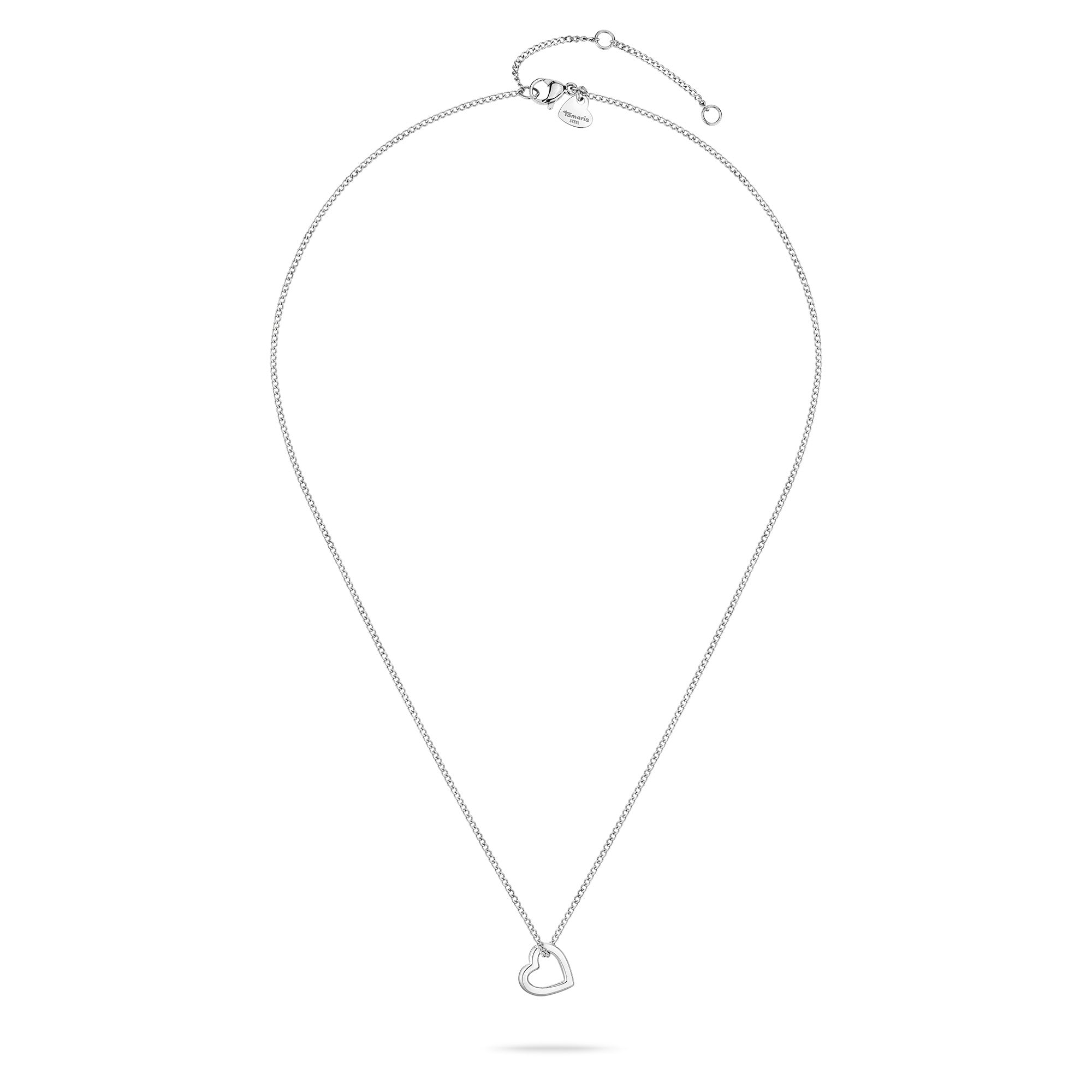 Tamaris Halskette - The Love Heart: Zarte silberne Kette mit herzförmigem Anhänger von Tamaris vor weißem Hintergrund.