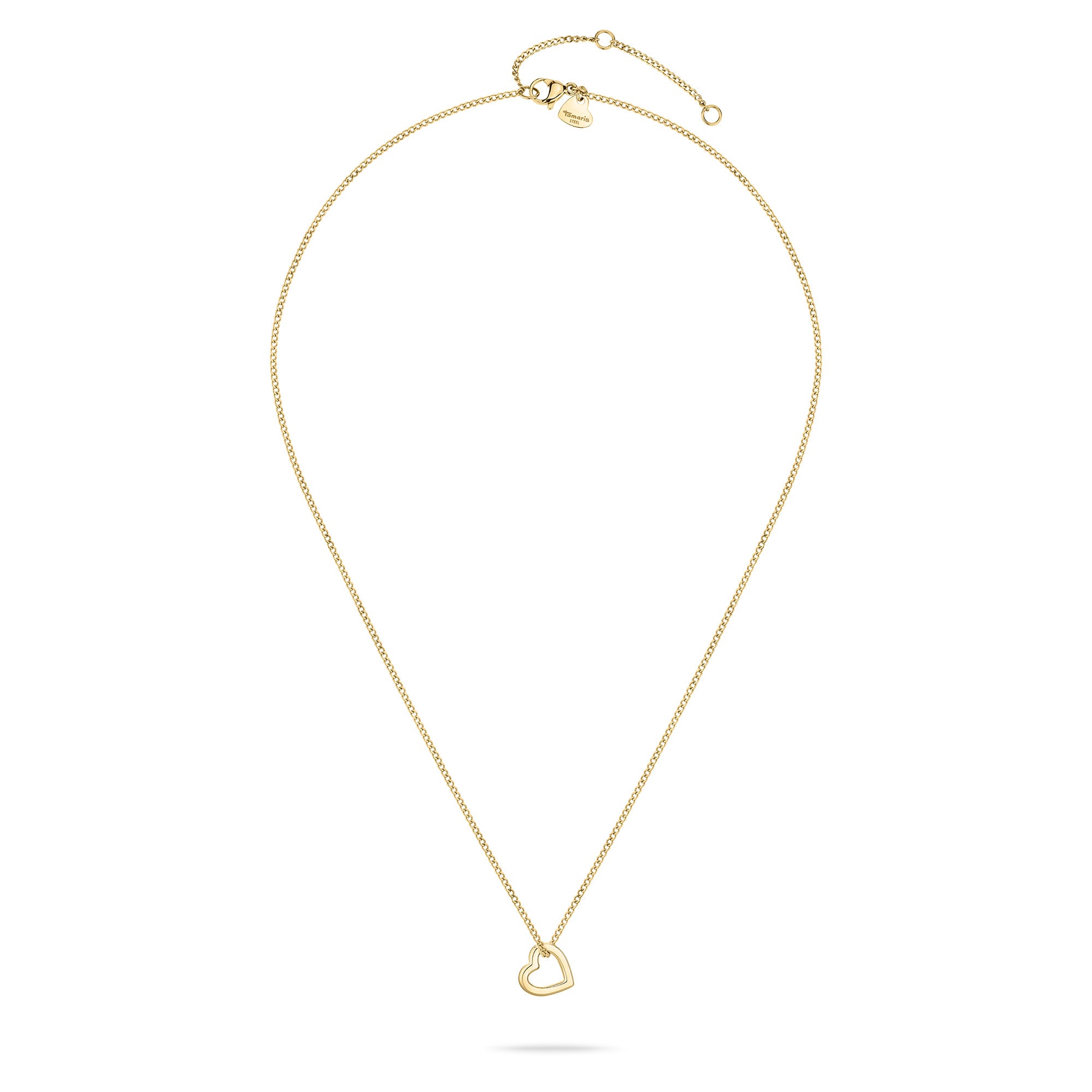 Die Tamaris Halskette - The Love Heart von Tamaris besteht aus einer zarten Goldkette mit einem kleinen herzförmigen Anhänger, der auf weißem Hintergrund zu sehen ist.