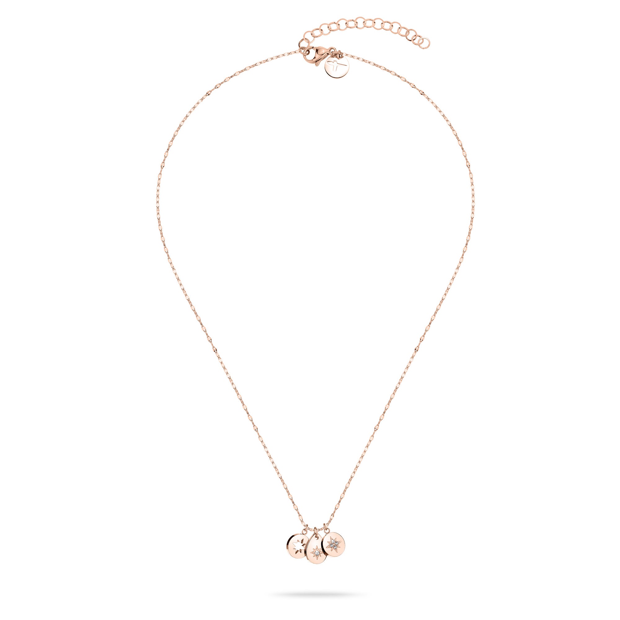 Die Tamaris Halskette - The Sparkling Stars besteht aus drei kleinen, runden, gravierten Anhängern an einer feinen Goldkette, die elegant auf einem weißen Hintergrund präsentiert werden.