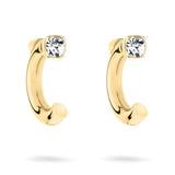 Eleganter Tamaris Ohrring - Die 2 in 1 Creole: goldene, geschwungene Creolen, jede mit einem runden, klaren Edelstein an der Spitze, auf weißem Hintergrund.