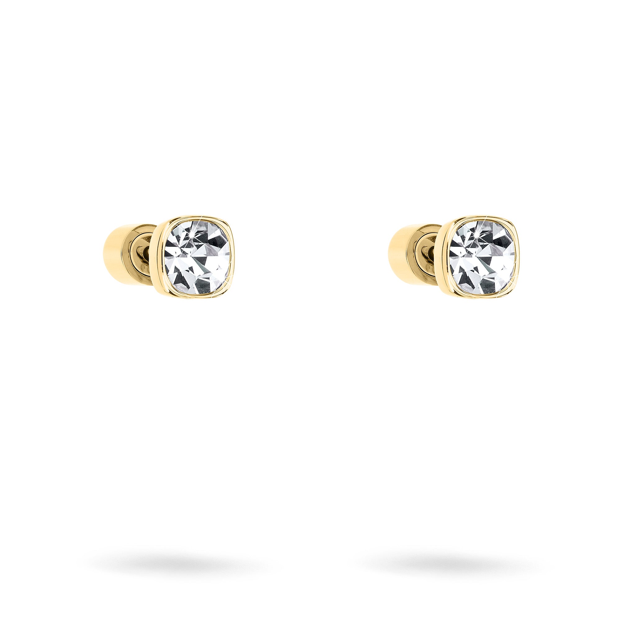 Tamaris Ohrring - Die 2 in 1 Creole: Goldfarbene Ohrstecker mit klaren Edelsteinen im Quadratschliff auf weißem Grund - ein zeitloses Accessoire von Tamaris, perfekt für jeden Anlass.