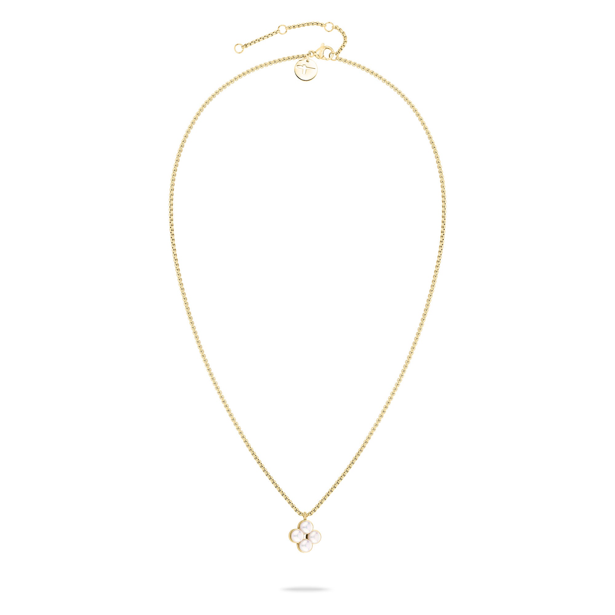 Tamaris Halskette - Die Flower Pearl von Tamaris besteht aus einer goldenen Kette mit einem Anhänger in Form einer vierblättrigen Blume auf weißem Grund.