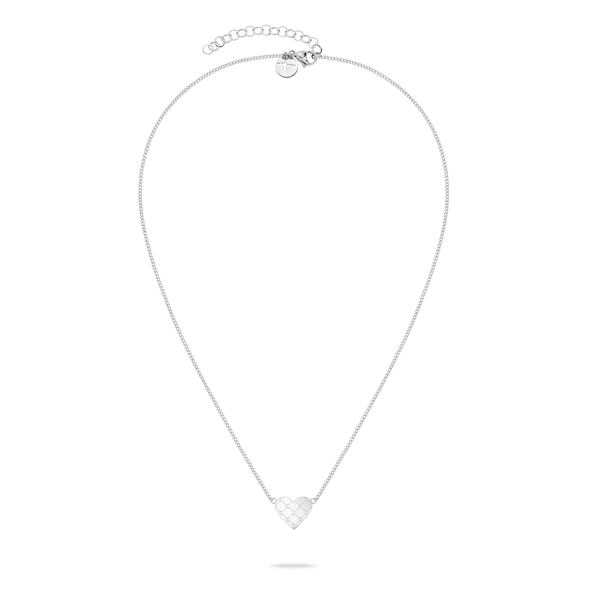 Die Tamaris Halskette - The T-Pattern Heart von Tamaris besteht aus einer schmalen Kette mit einem geometrischen Herzanhänger auf weißem Hintergrund - das perfekte Geschenk für einen besonderen Menschen.