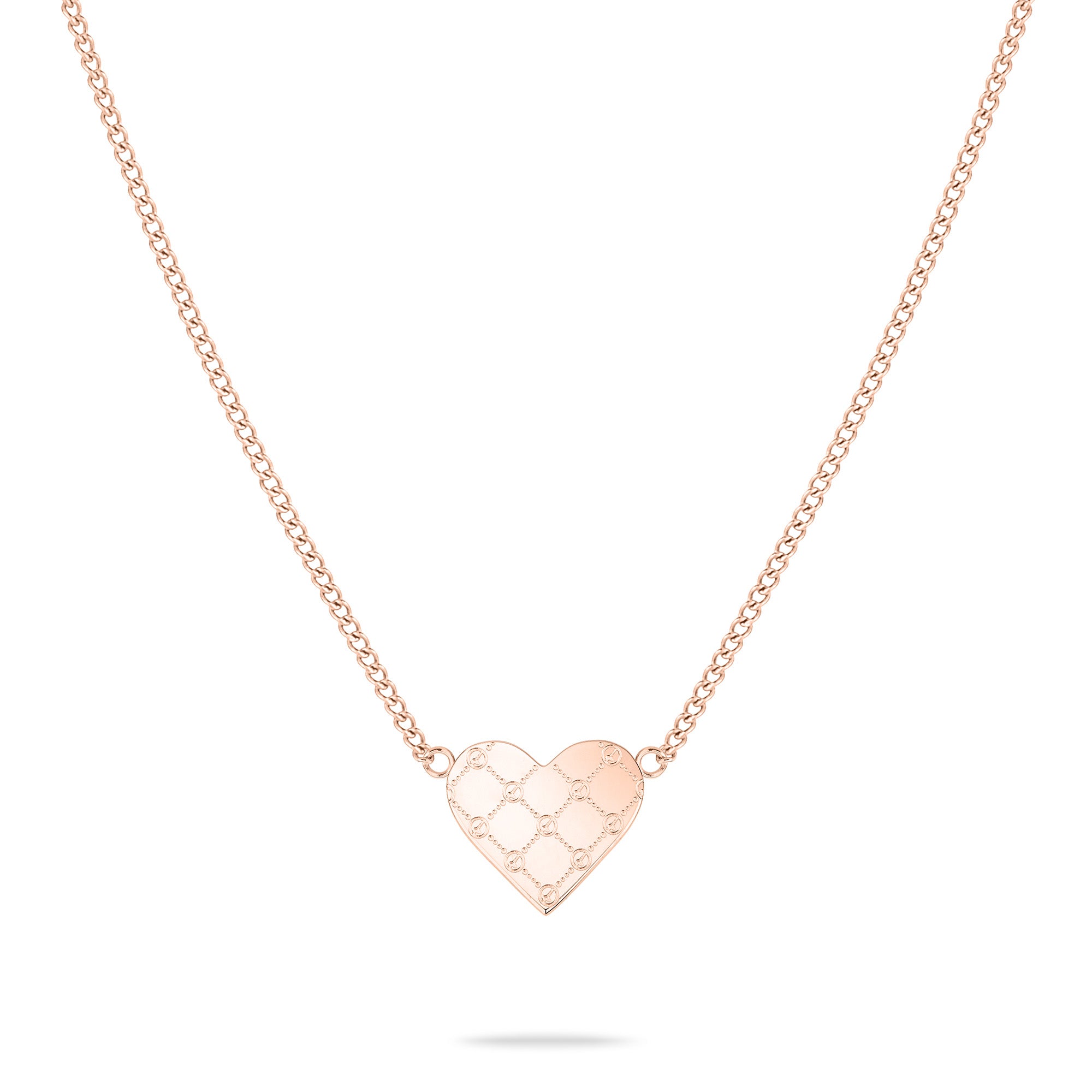 Die Tamaris Halskette - The T-Pattern Heart ist eine roségoldene Halskette mit einem herzförmigen Anhänger mit eingraviertem Muster auf weißem Hintergrund - eine elegante Geschenkwahl von Tamaris.