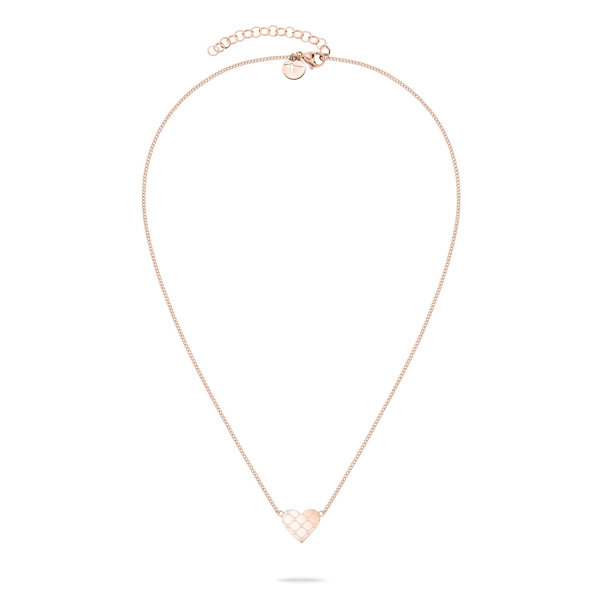 Die Tamaris Halskette - The T-Pattern Heart von Tamaris präsentiert sich mit einem roségoldenen, gesteppten Herzanhänger und einer verstellbaren Kette - perfekt als charmantes Geschenk vor weißem Hintergrund.