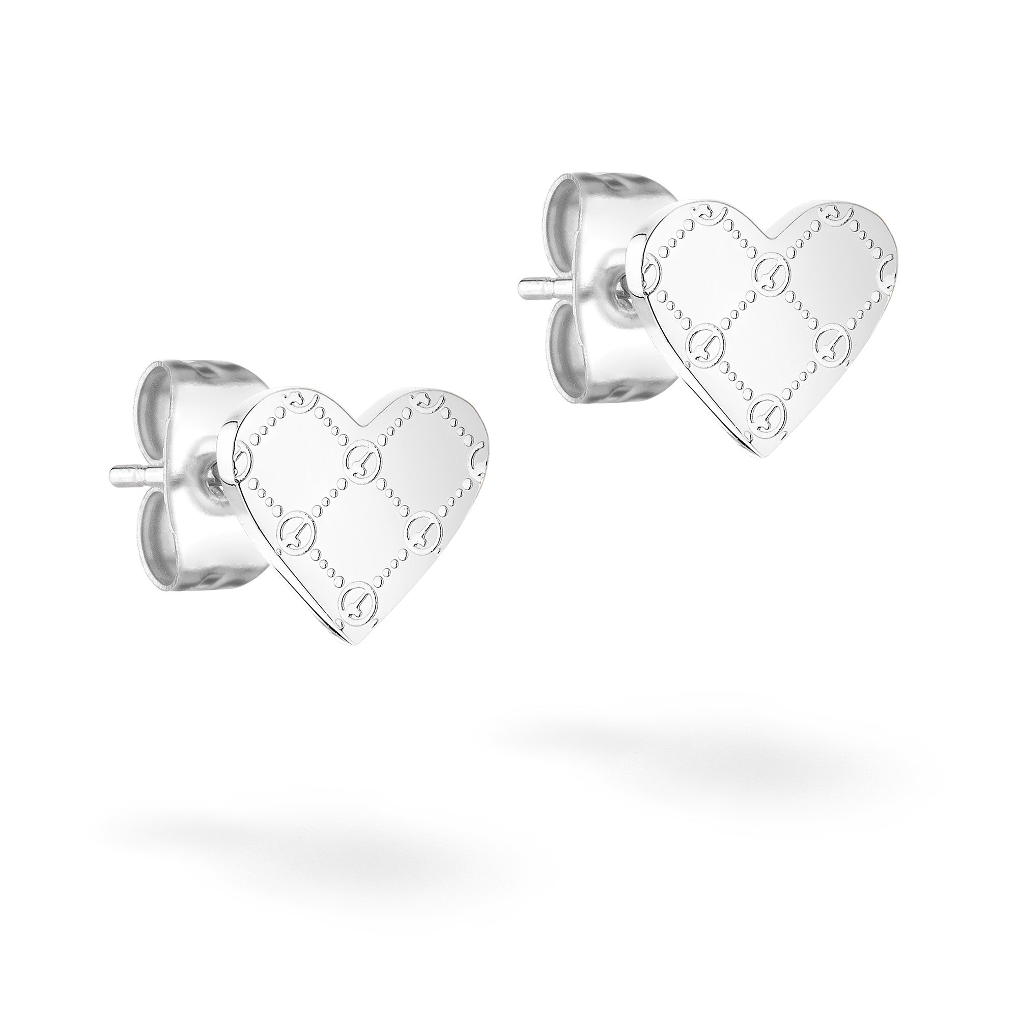 Tamaris Ohrstecker - Das T-Muster Herz: Silberne, herzförmige Stecker von Tamaris mit gestopptem Muster und Kreisdetails - ein elegantes Geschenk.