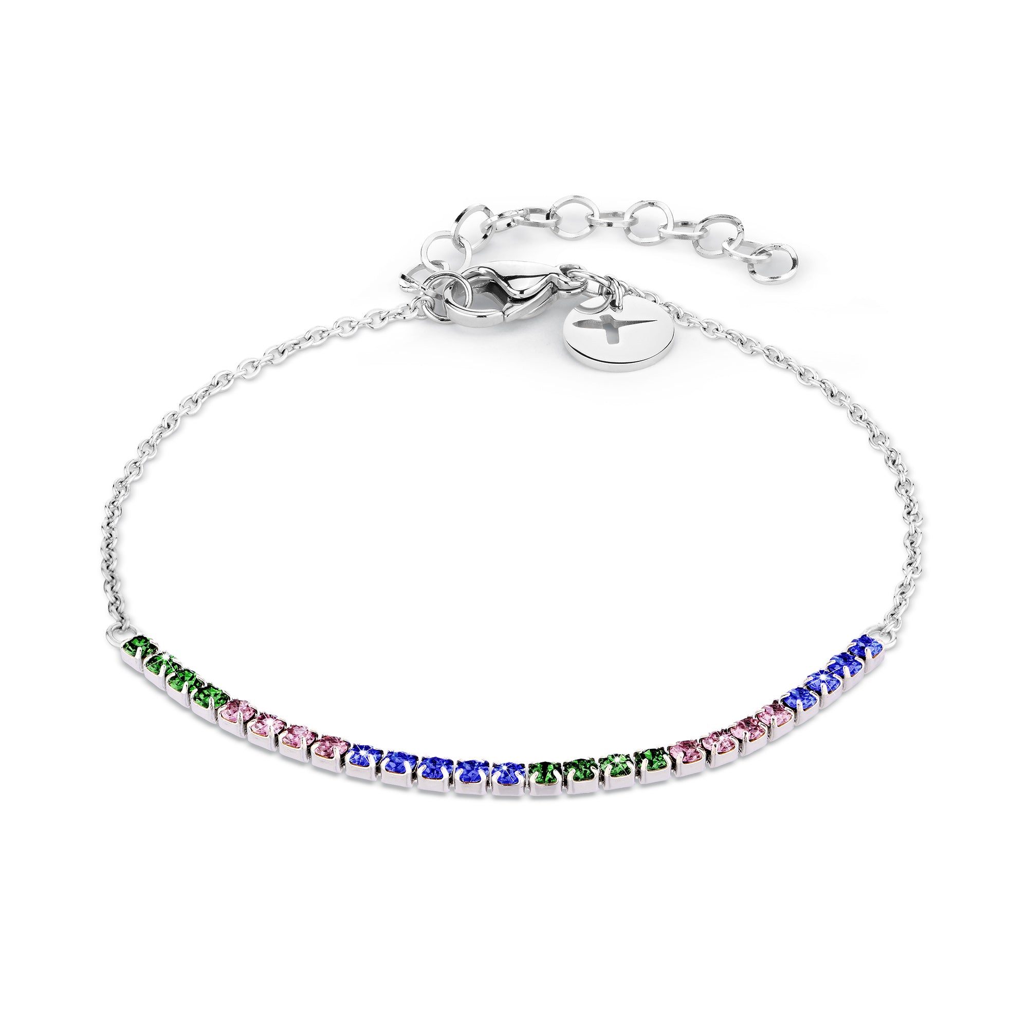 Das Tamaris Armband - The Rainbow Sparkling Beads besteht aus einer silbernen Kette mit rosa, blauen und grünen Glasperlen und einem verstellbaren Verschluss. Das Armband von Tamaris ist ideal für einen farbenfrohen Lagen-Look.