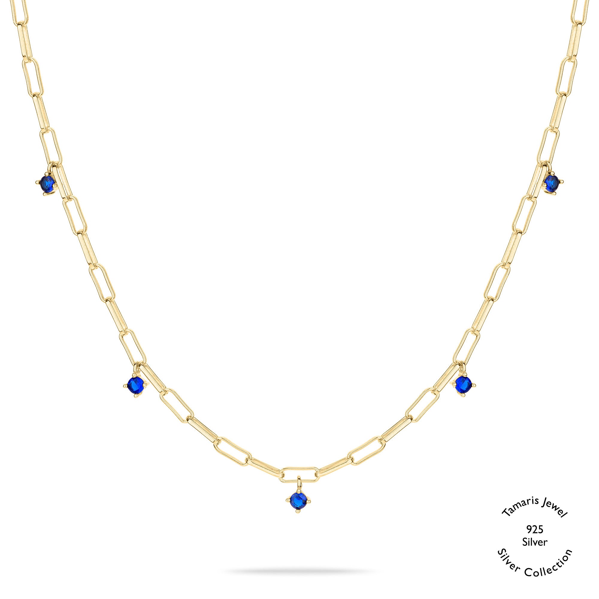 Tamaris Halskette - Die Silber Kollektion von Tamaris: Gold Gliederkette aus 925er Sterling Silber mit fünf gleichmäßig angeordneten blauen Edelsteinanhängern, auf weißem Hintergrund präsentiert.