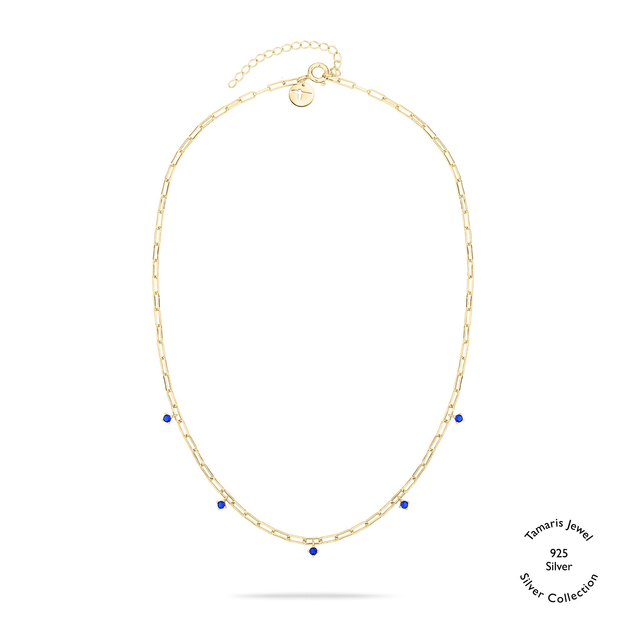 Tamaris Halskette - Die Silber Kollektion: Goldene Gliederkette mit fünf blauen Perlen, rundem Anhänger aus 925er Sterling Silber und verstellbarem Verschluss; präsentiert auf weißem Hintergrund.