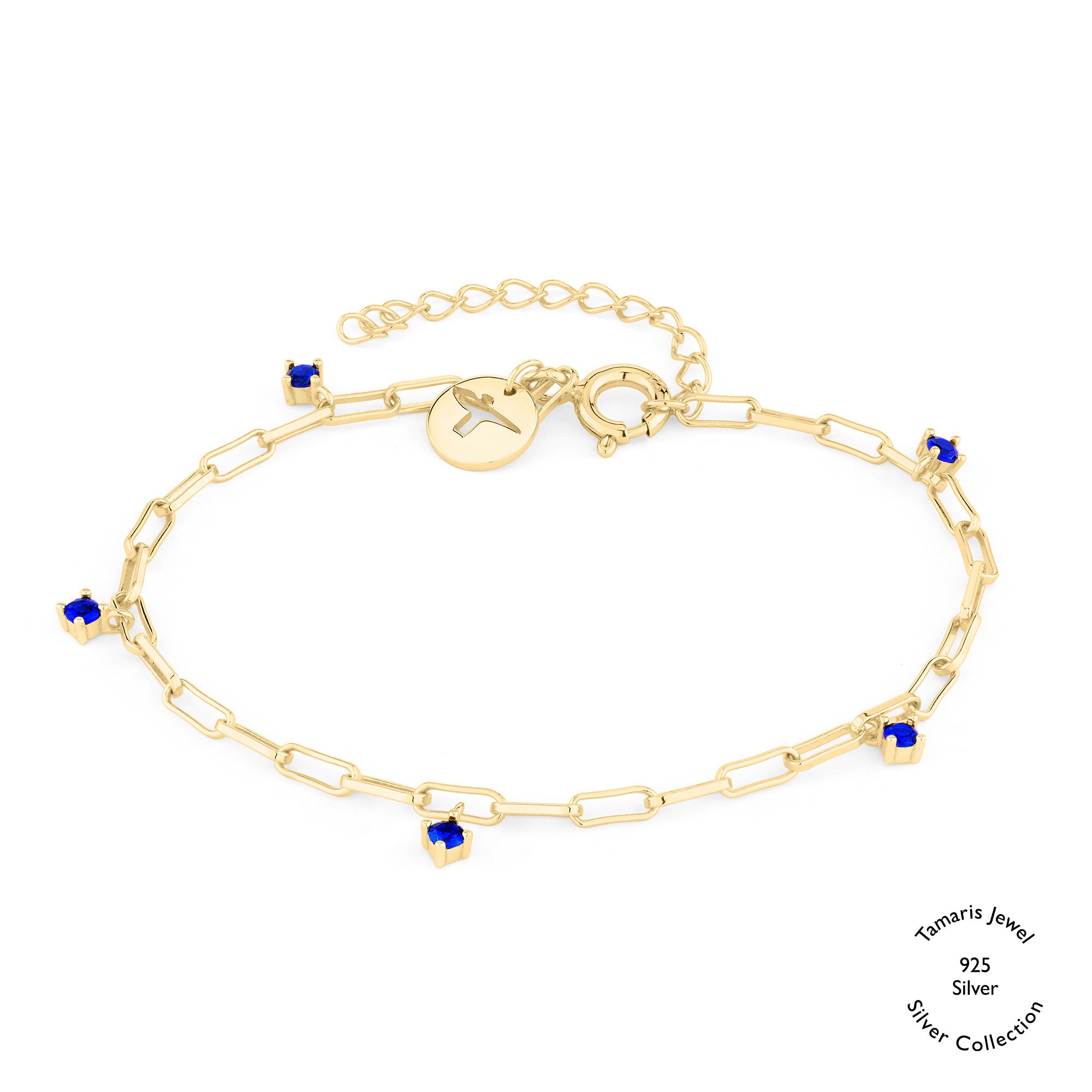 Tamaris Armband - Die Silber Kollektion: Stilvolles Armband mit blauen Zirkoniasteinen und rundem Charm aus 925er Sterling Silber von Tamaris, edel präsentiert auf weißem Hintergrund.
