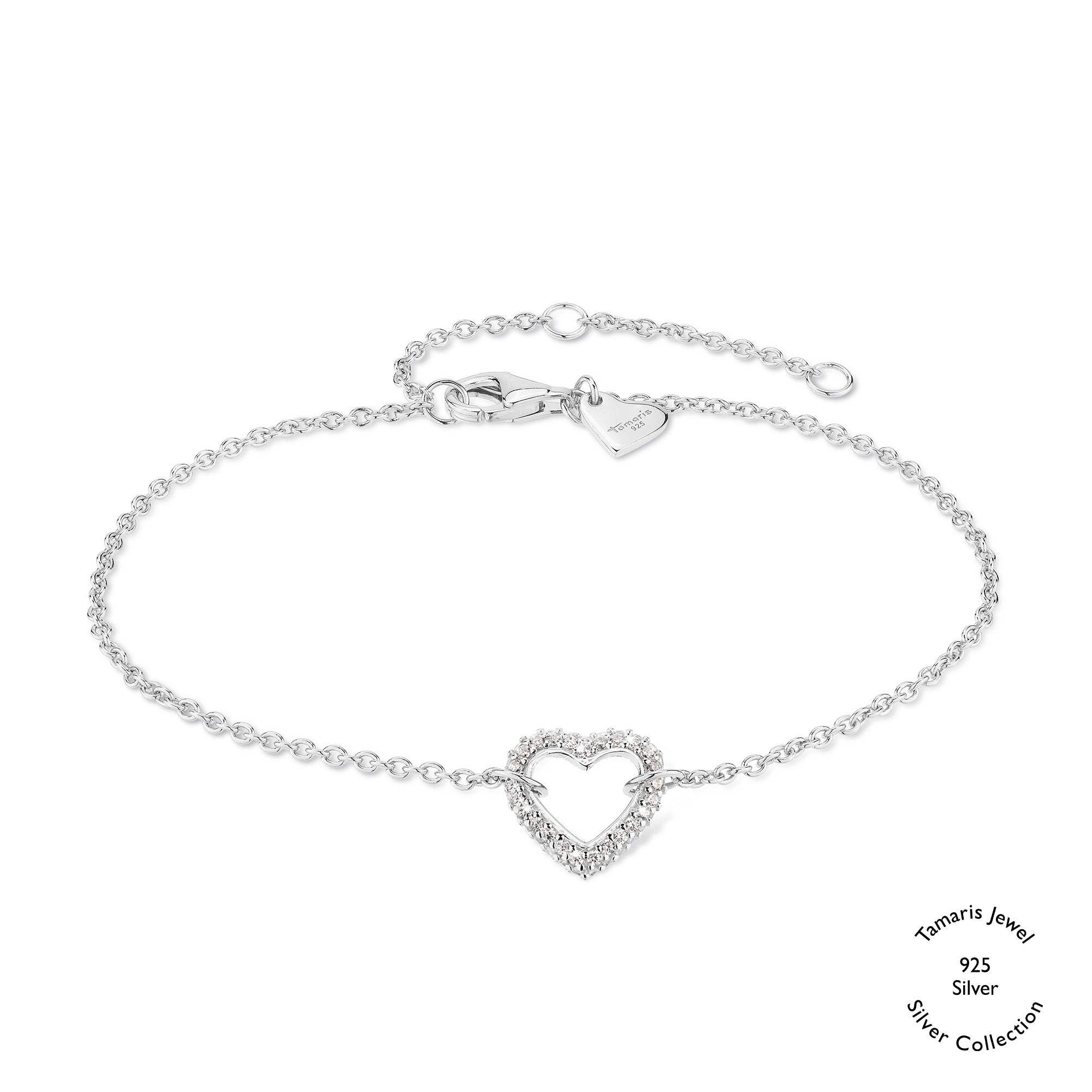 Das Tamaris Armband - Sparkling Hearts aus 925er Silber begeistert mit Herzanhänger, funkelnden Zirkonia und verstellbarer Kette samt Verschluss.