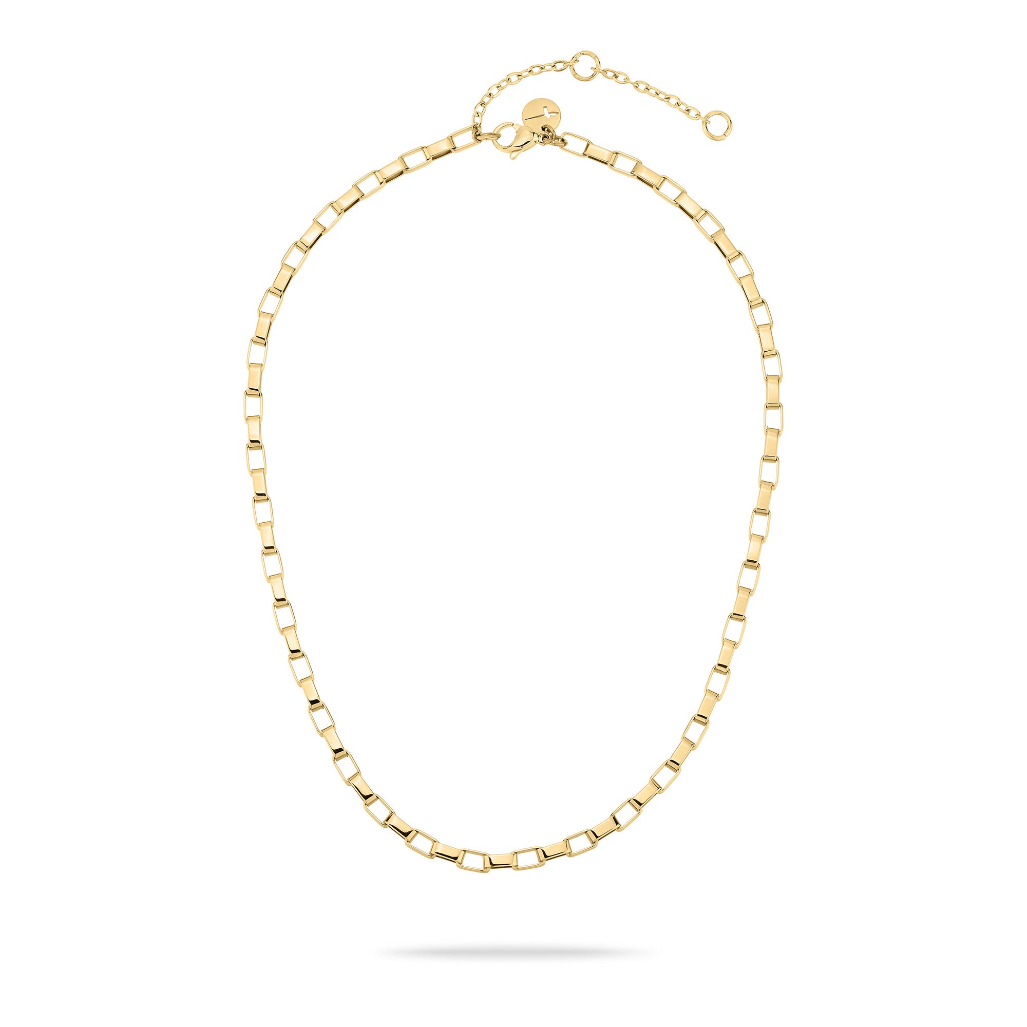 Tamaris Halskette - The Edge: Elegante goldene Kette von Tamaris mit eckigen Gliedern und verstellbarem Verschluss, stilvoll auf weißem Hintergrund präsentiert.