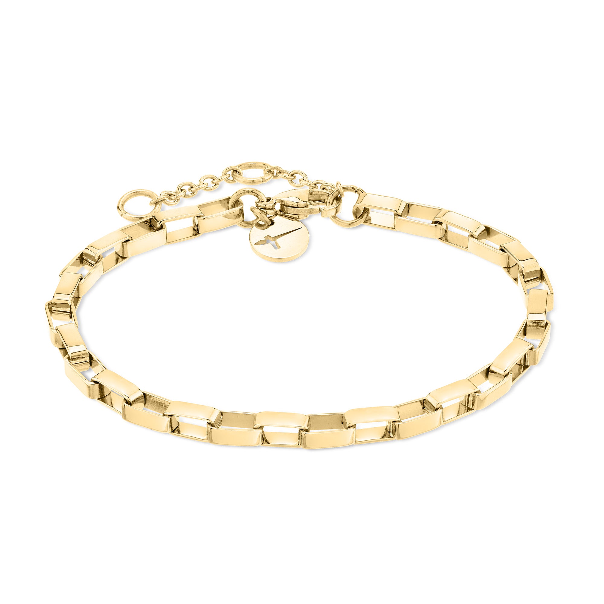 Das Tamaris Armband - The Edge von Tamaris mit goldfarbenen, flachen Gliedern und rundem Charm am verstellbaren Verschluss ist das ideale Accessoire für Frauen.