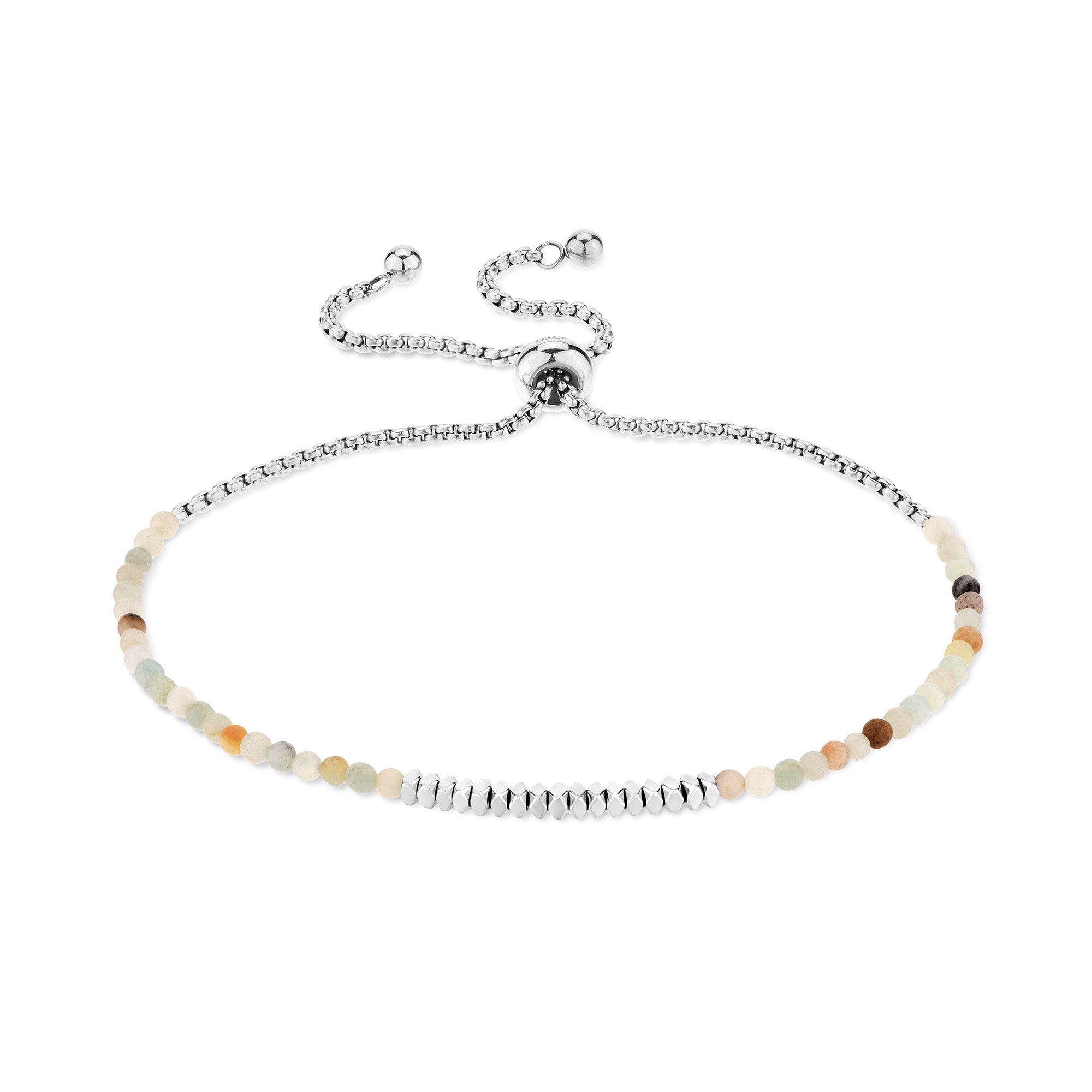Das Tamaris Armband - Modern Pearl Fusion ist ein verstellbares Silberarmband mit mehrfarbigen Amazonit-Perlen und einem Schiebeverschluss, ideal als Damen Accessoire, abgebildet auf weißem Hintergrund.