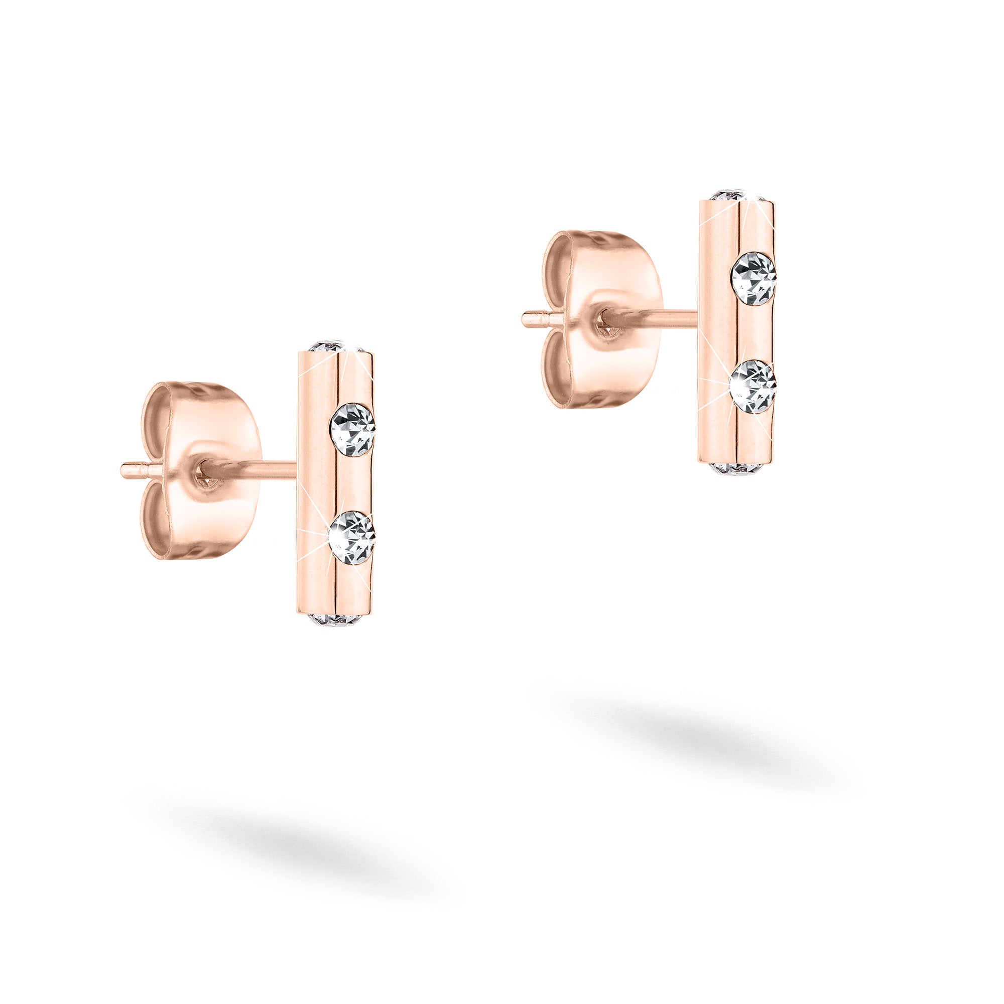 Tamaris Ohrstecker - Tiny Tubes: Rosegoldene, zylindrische Stecker mit je zwei kleinen runden Glassteinen, präsentiert auf weißem Hintergrund.