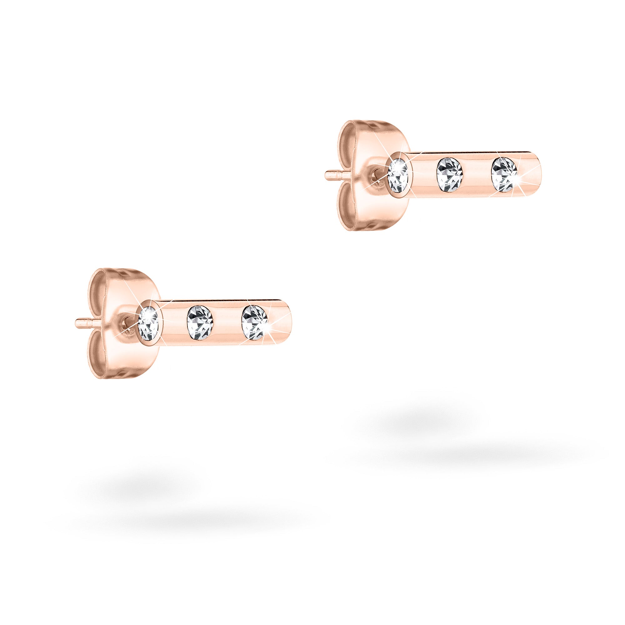 Tamaris Ohrstecker - Tiny Tubes: Roségoldfarbene zylindrische Ohrstecker mit drei funkelnden Glassteinen in einer Reihe von Tamaris, gezeigt auf weißem Hintergrund.