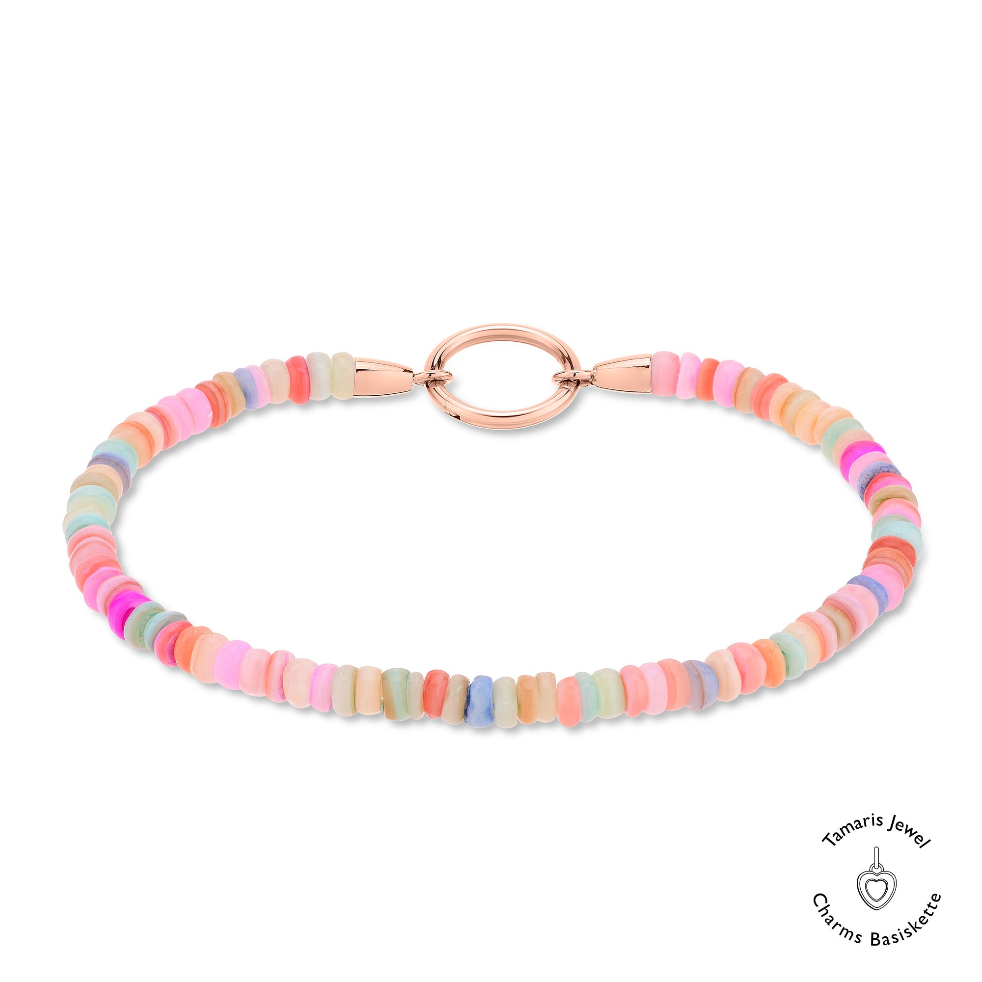Das Tamaris Armband - All About Beads von Tamaris zeigt pastellfarbene Perlen und einen roségoldenen Verschluss auf weißem Hintergrund.