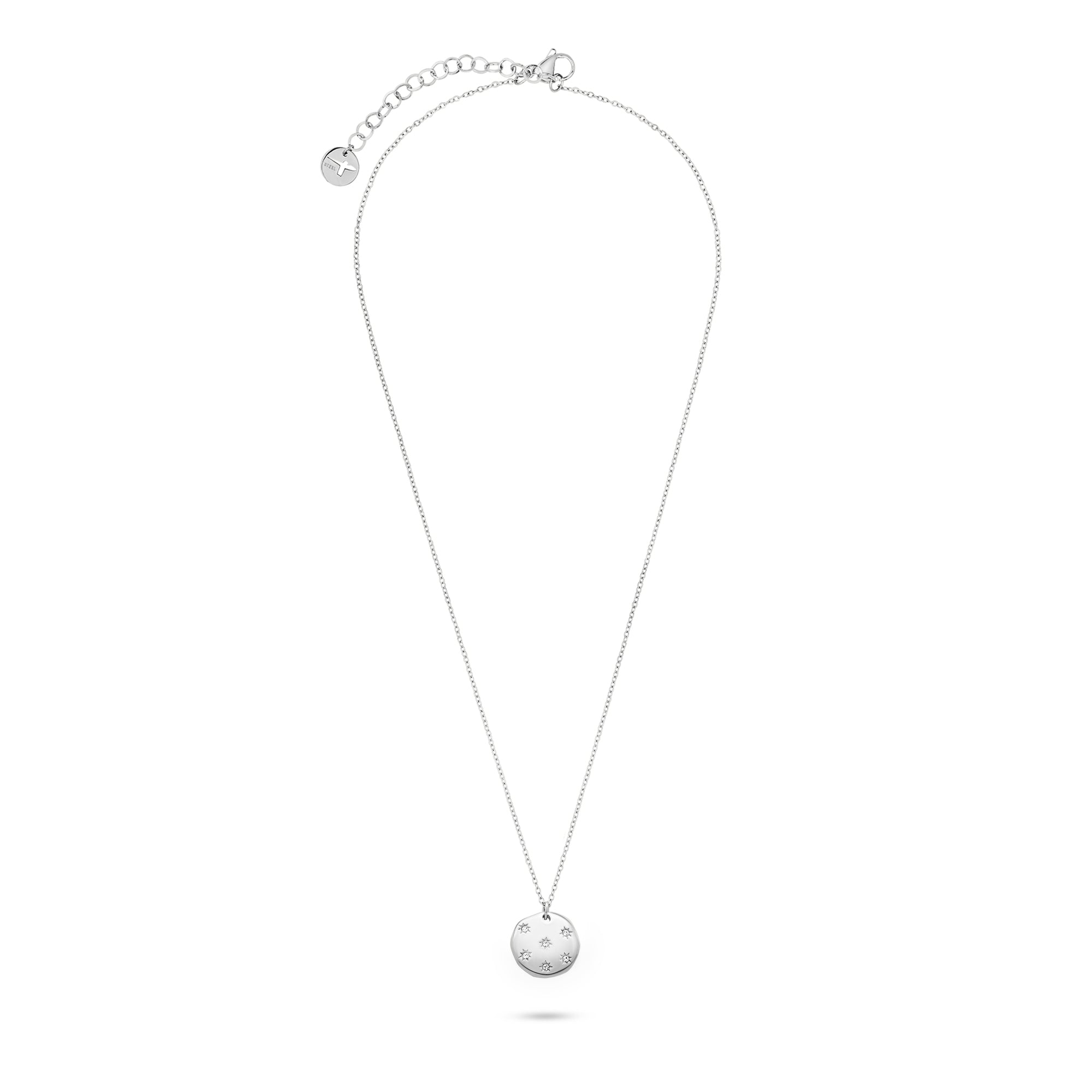Tamaris Halskette - Little Twinkle: Silberne Damenkette mit rundem Anhänger, Stern-Details und funkelnden Zirkoniasteinen von Tamaris, stilvoll präsentiert auf weißem Hintergrund.