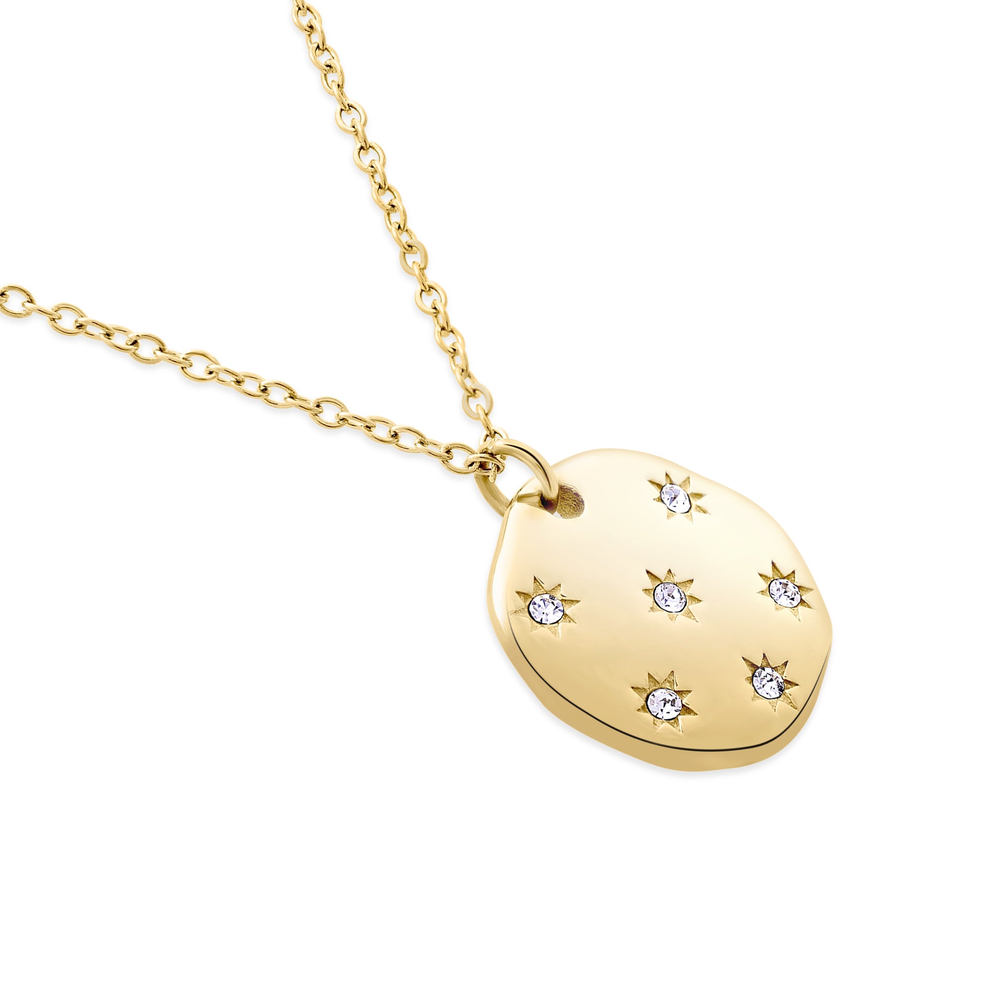 Die Tamaris Halskette - Little Twinkle von Tamaris verfügt über einen goldenen Anhänger mit sechs kleinen Diamanten in sternförmiger Gravur und einen zarten Plättchenanhänger für zusätzliche Eleganz.
