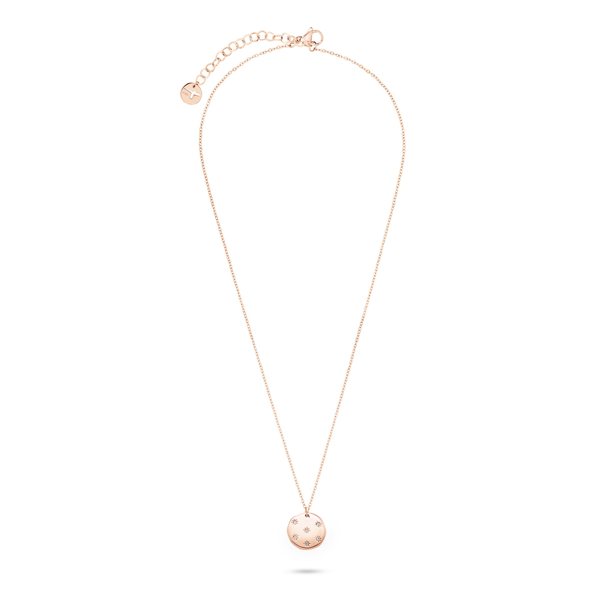 Die Tamaris Halskette - Little Twinkle ist eine roségoldene Halskette für Damen mit einem runden Anhänger, kleinen sternförmigen Akzenten und funkelnden Zirkonia auf weißem Hintergrund.