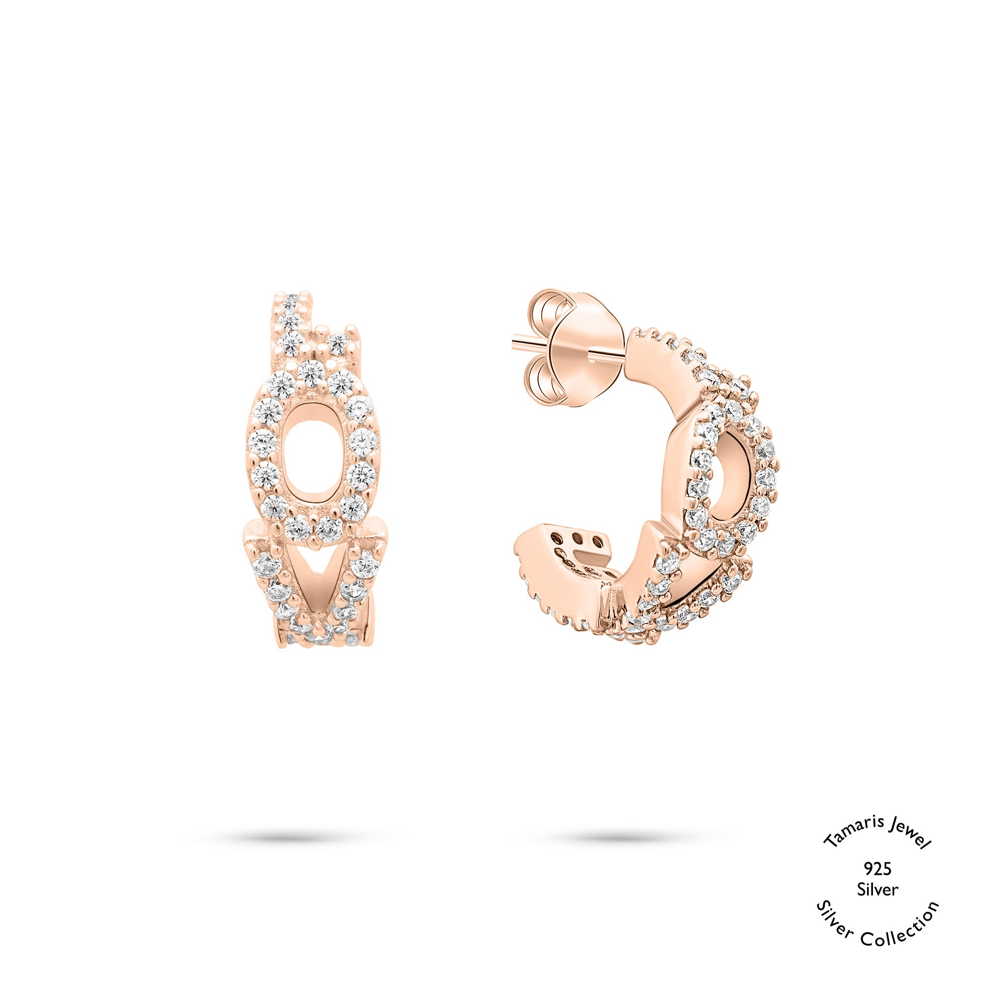 Die Tamaris Creole aus der Silver Love Collection ist mit dem Schriftzug "love" und funkelnden Zirkonia verziert, ideal für Damenschmuck. Dieses elegante Damen Schmuckstück von Tamaris ist auf weißem Hintergrund abgebildet.