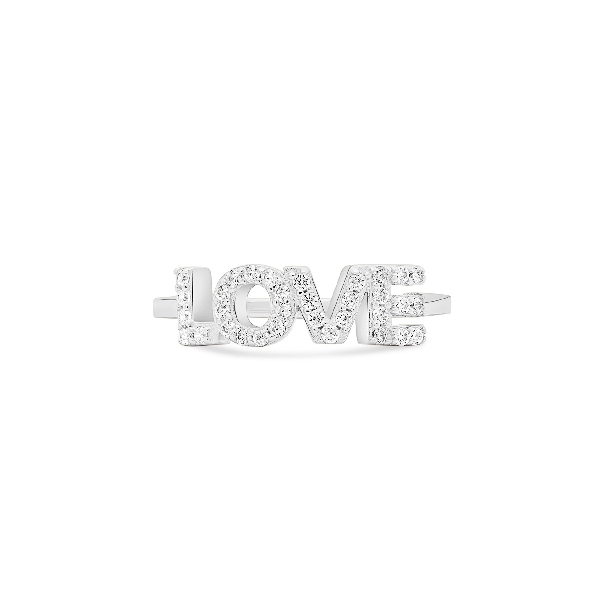 Der Tamaris Ring aus der Silver Love Collection setzt mit dem Schriftzug LOVE, verziert mit Zirkoniasteinen, ein stilvolles Statement - eleganter Schmuck von Tamaris auf weißem Hintergrund.