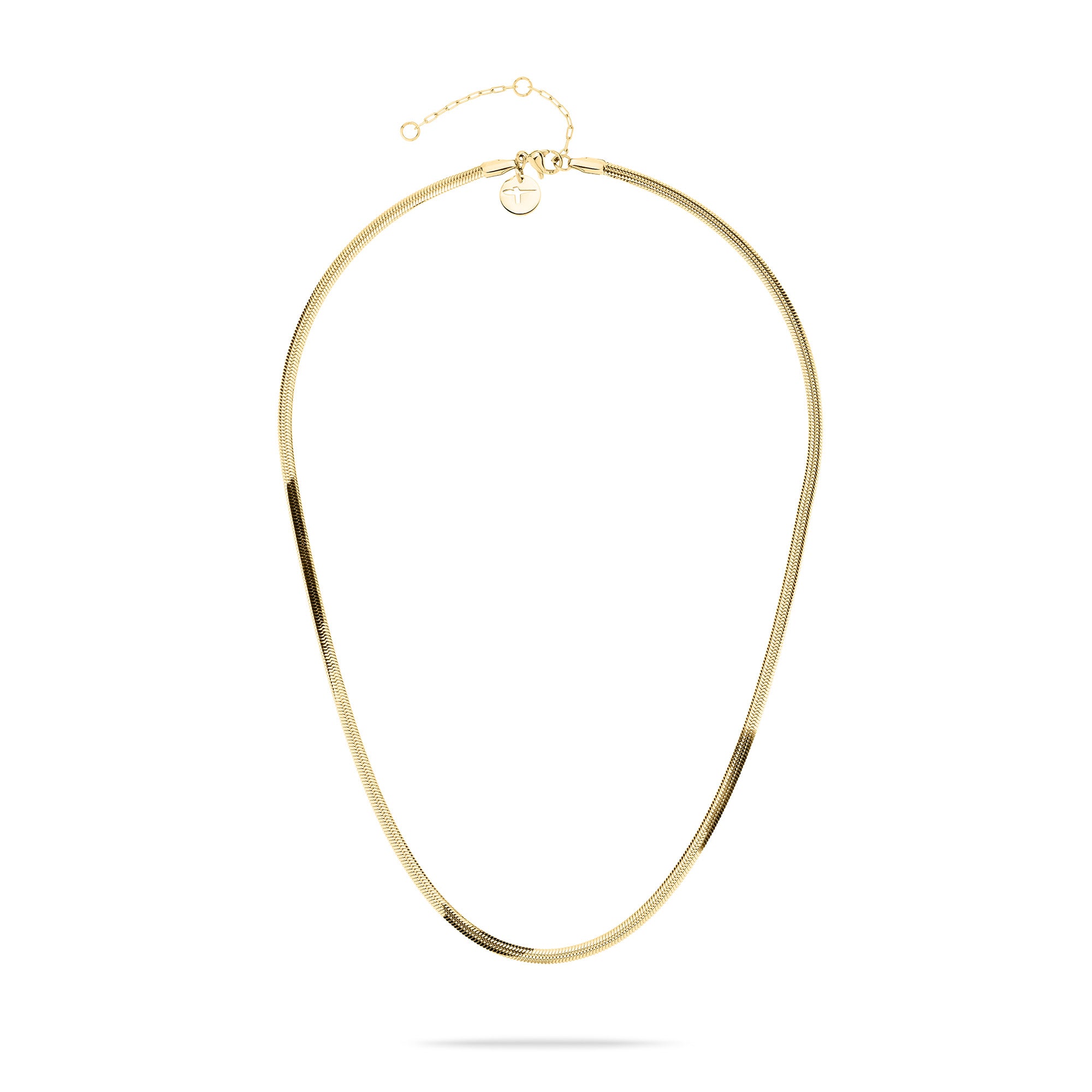 Das Tamaris Set - The Layer von Tamaris besteht aus einer goldenen Schlangenkette mit verstellbarem Verschluss, die auf einem weißen Hintergrund präsentiert wird.