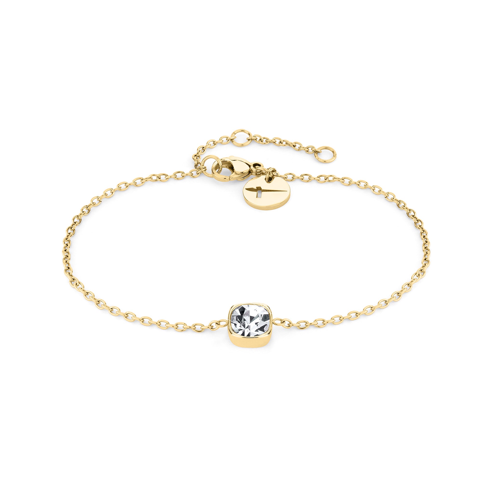 Das Tamaris Set - The Layer ist ein goldenes Kettenarmband im eleganten Schlangenketten-Stil, mit einem klaren Edelstein in der Mitte und einem kleinen runden Anhänger in der Nähe des Verschlusses von Tamaris.