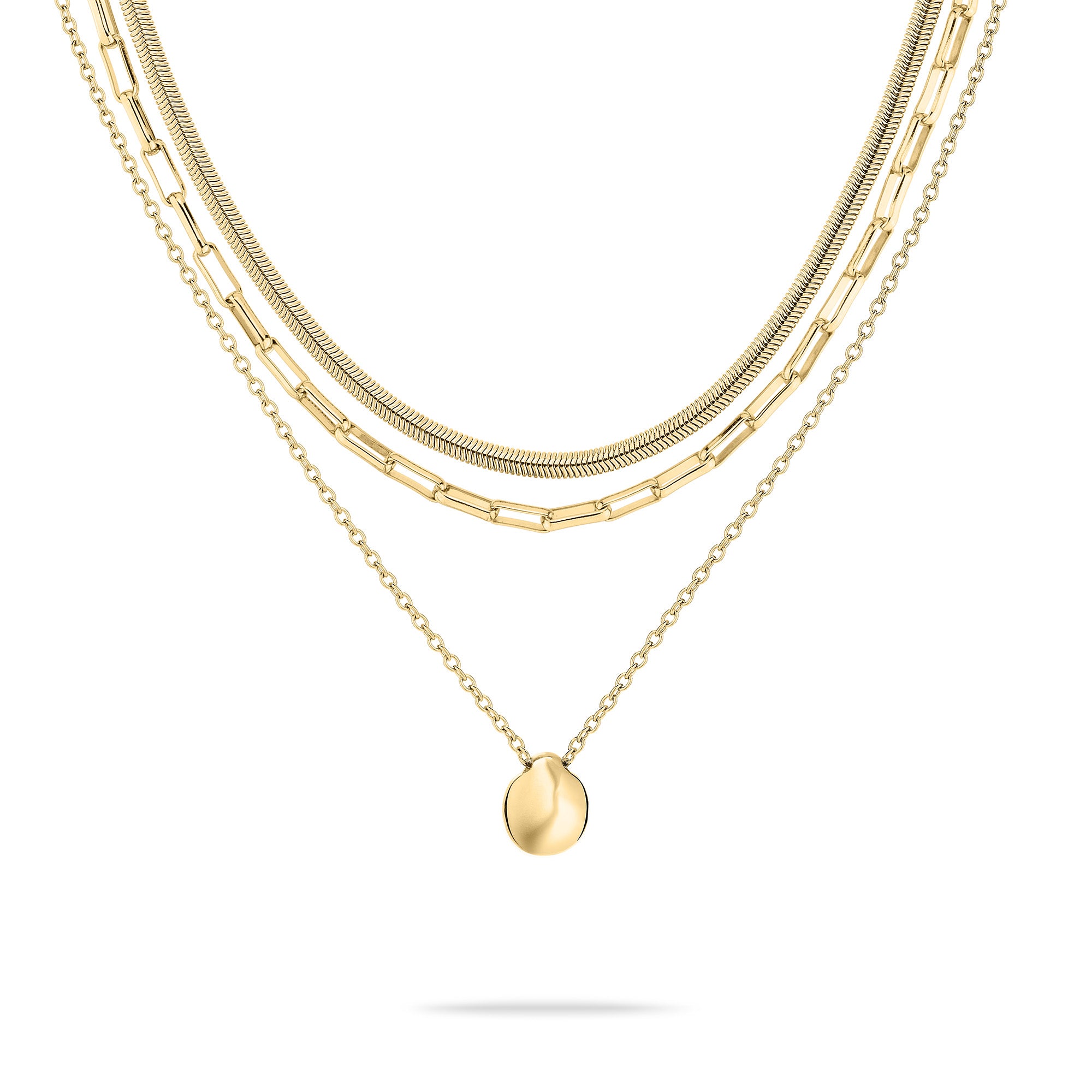 Die Tamaris Halskette - Modern Layering verfügt über drei goldene Ketten - eine mit rundem Anhänger, eine mit Kastengliedern und eine Schlangenkette - und ist damit der perfekte Damenschmuck für jede Gelegenheit.