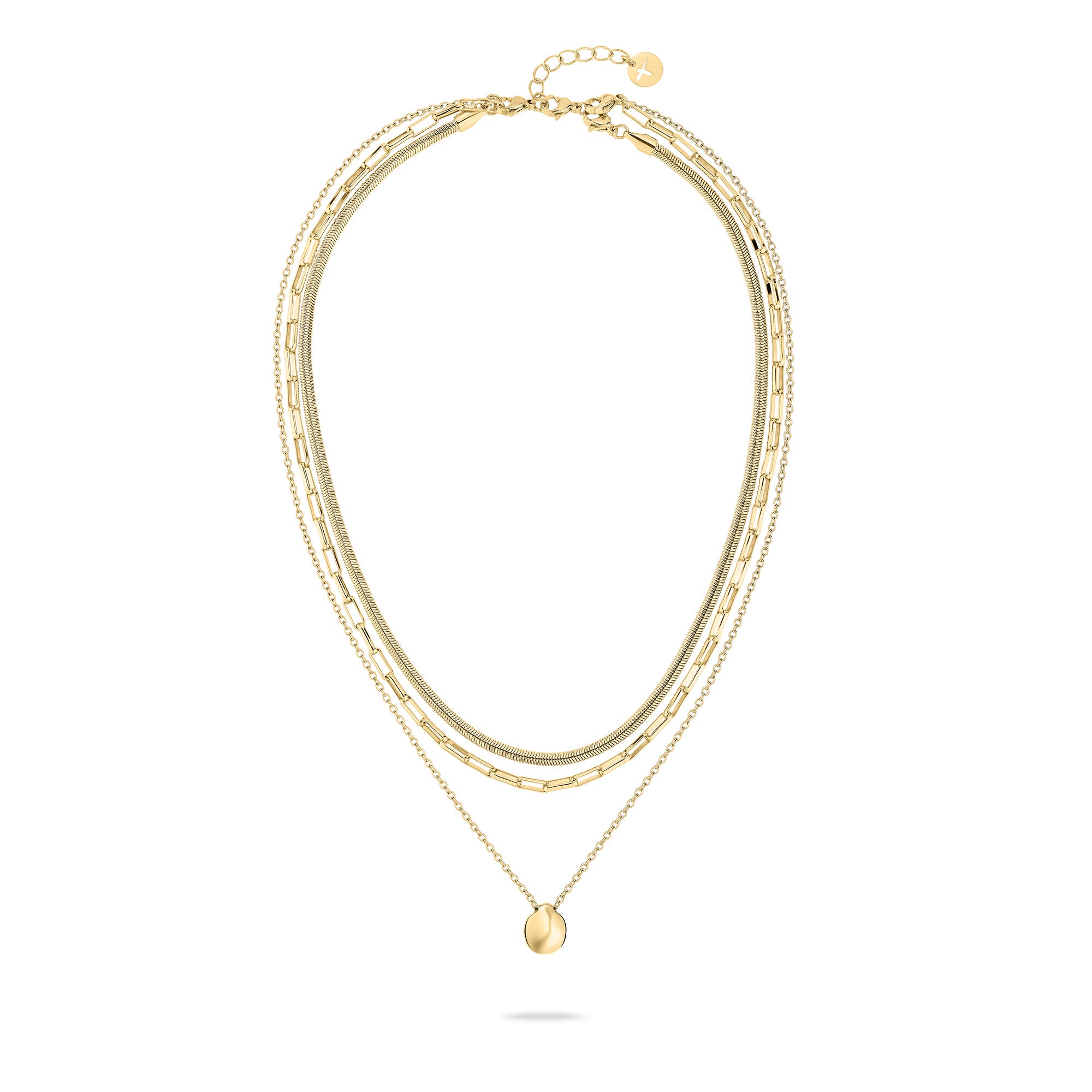 Die Tamaris Halskette - Modern Layering verfügt über drei verschiedene Goldketten, darunter eine Schlangenkette mit einem kleinen runden Anhänger an der längsten Kette - ideal für Damen Schmuck Fans.