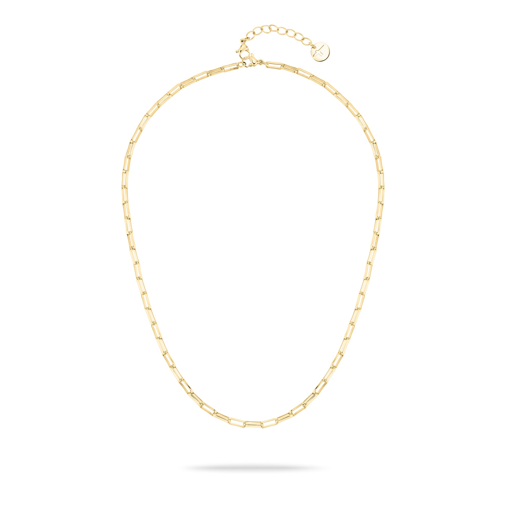 Die Tamaris Halskette - Modern Layering verfügt über längliche goldene Glieder und einen verstellbaren Verschluss, ideal zum Kombinieren mit Ihren Lieblingsstücken oder als Blickfang in jedem Set. Ein stilvoller Damenschmuck, der auf weißem Hintergrund präsentiert wird.