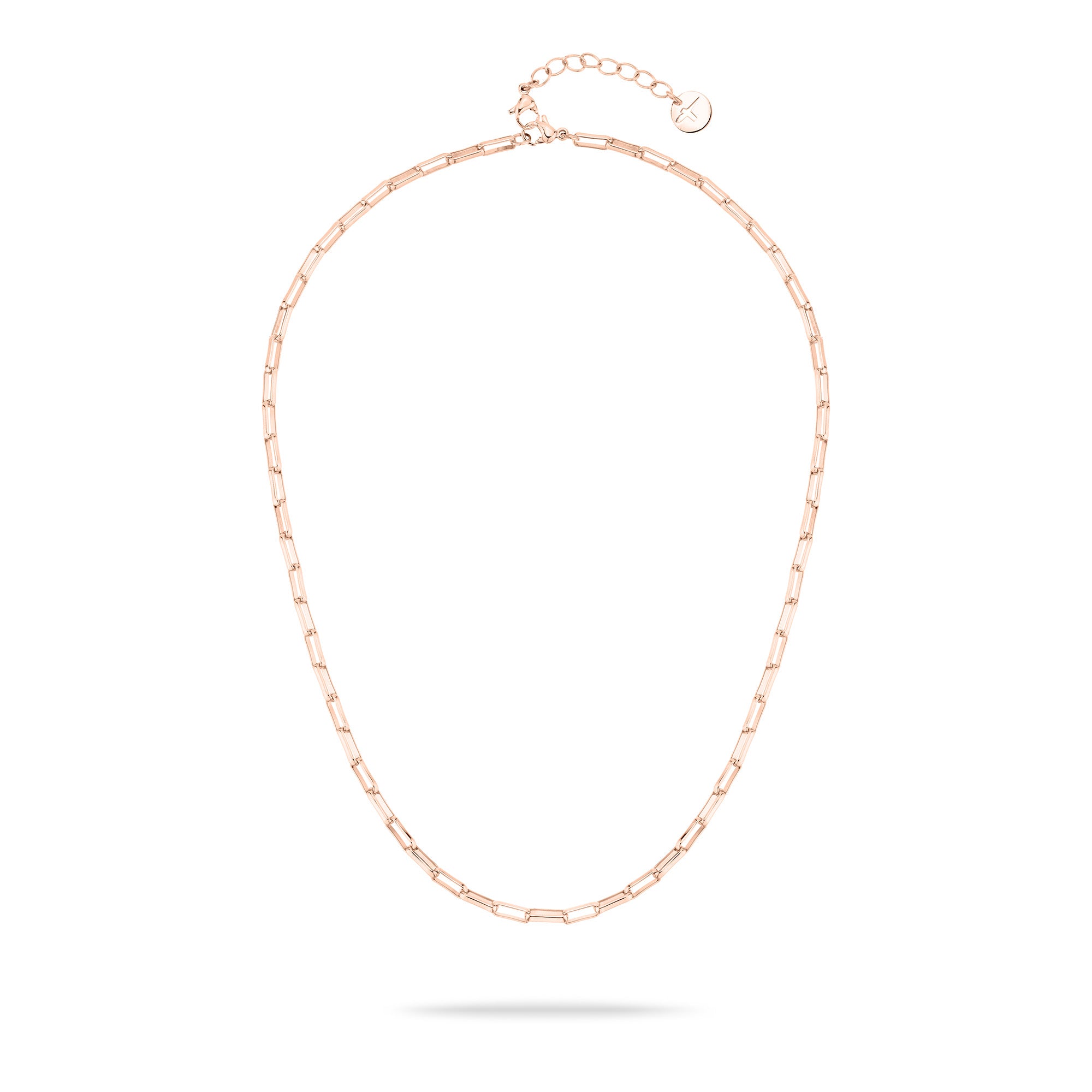 Die Tamaris Halskette - Modern Layering ist eine roségoldene Kette mit länglichen Gliedern und einem verstellbaren Verschluss, ideal zum Lagenlook oder zur Kombination mit einem Halskettenset, von Tamaris, abgebildet auf weißem Hintergrund.