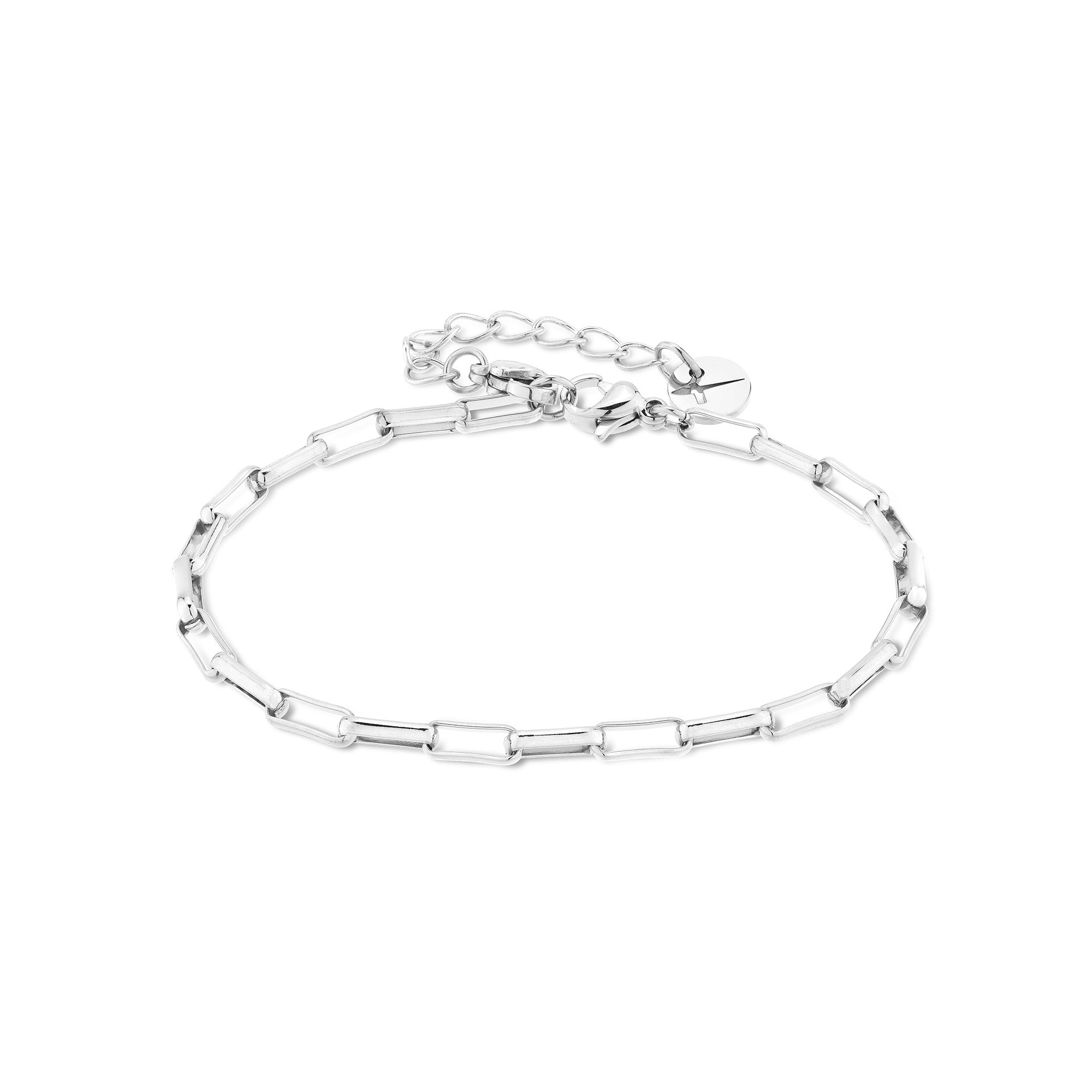 Tamaris Armband - Modern Layering von Tamaris ist ein silbernes Kettenarmband mit rechteckigen Gliedern und verstellbarem Verschluss, abgebildet auf weißem Hintergrund.