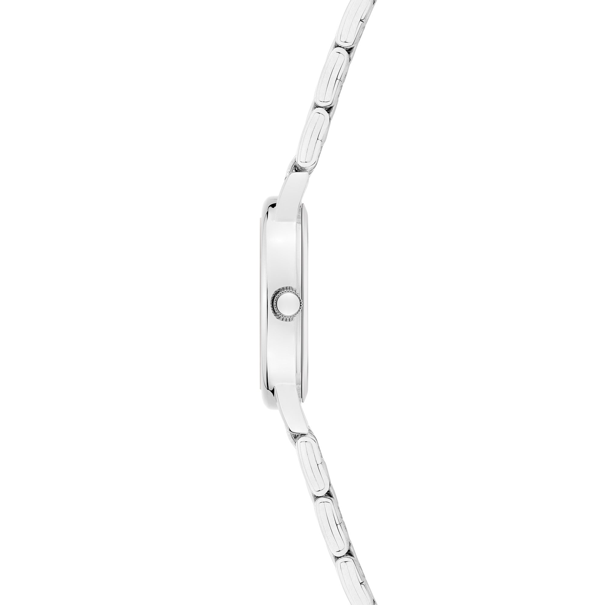 Seitenansicht der Tamaris Armbanduhr - The Small Classic von Tamaris mit schlankem, rundem Gehäuse und elegantem Metallgliederband auf weißem Hintergrund.