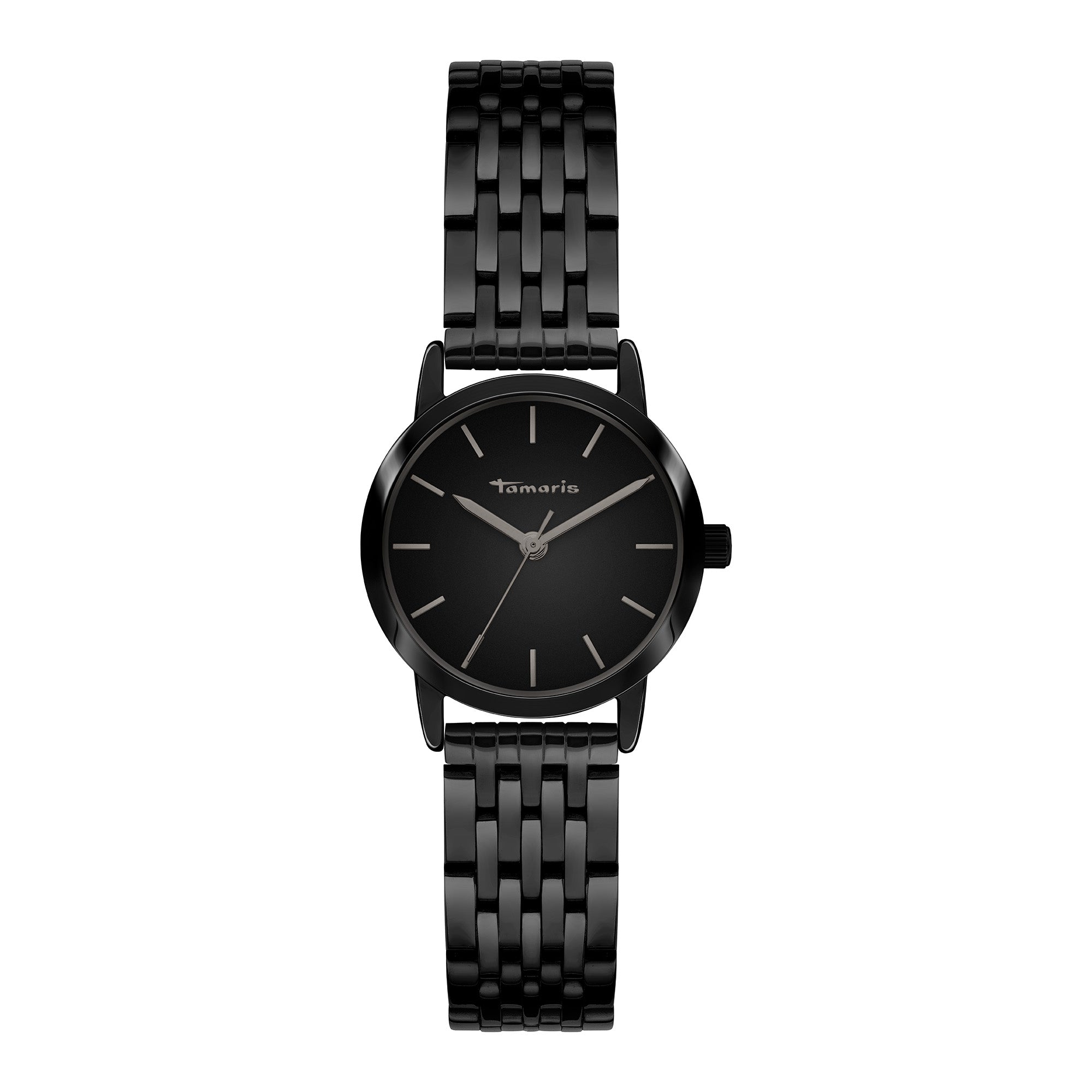 Die Tamaris Armbanduhr - The Small Classic besticht durch ihr schlichtes schwarzes Design mit Edelstahlarmband und minimalistischem Zifferblatt, das das Tamaris Branding zeigt - eine elegante Wahl für jeden Anlass.