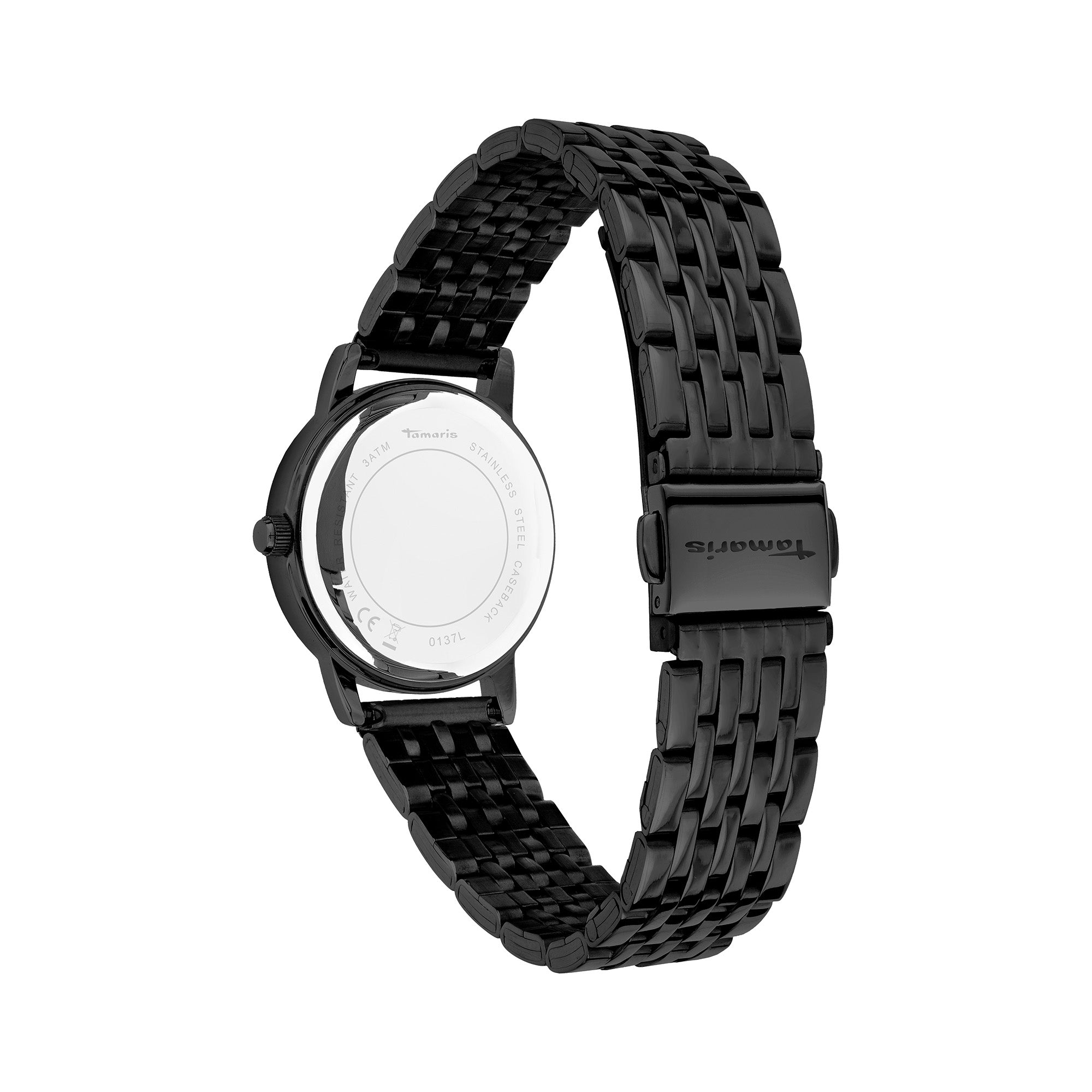 Die Tamaris Armbanduhr - The Small Classic aus schwarzem Metall präsentiert ihr Edelstahlarmband, die Schließe und den Gehäuseboden-eine elegante Uhr von Tamaris für stilbewusste Trägerinnen.